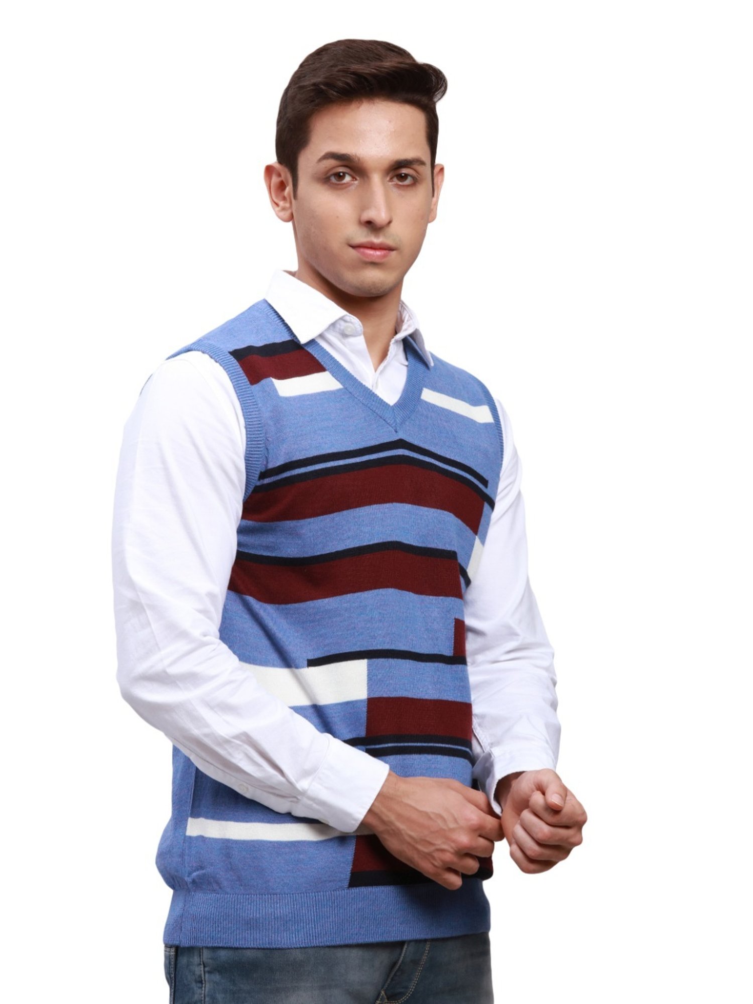 Parx Blue Regular Fit Self Pattern Sweater