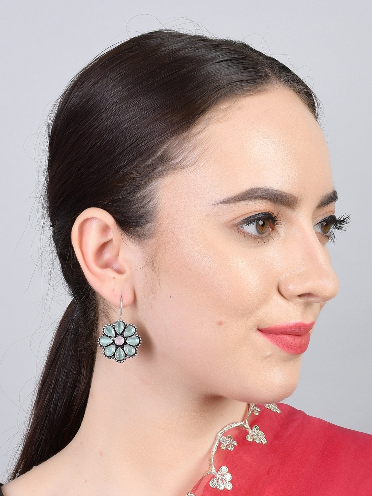 Imli Street Green-Pink Silver Stone-Studded Tone Handcrafted Drop Earrings