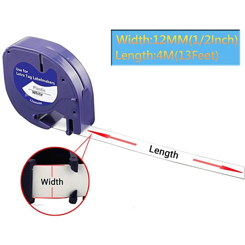 Label Tape Replacement for DYMO LetraTag Refills Plastic Label Tape 91331 91332 91333 91334 91335 for DYMO LetraTag LT-100H LT-100T QX50, 1/2 Inch x 13 Feet(12mm x 4m), 5-Pack