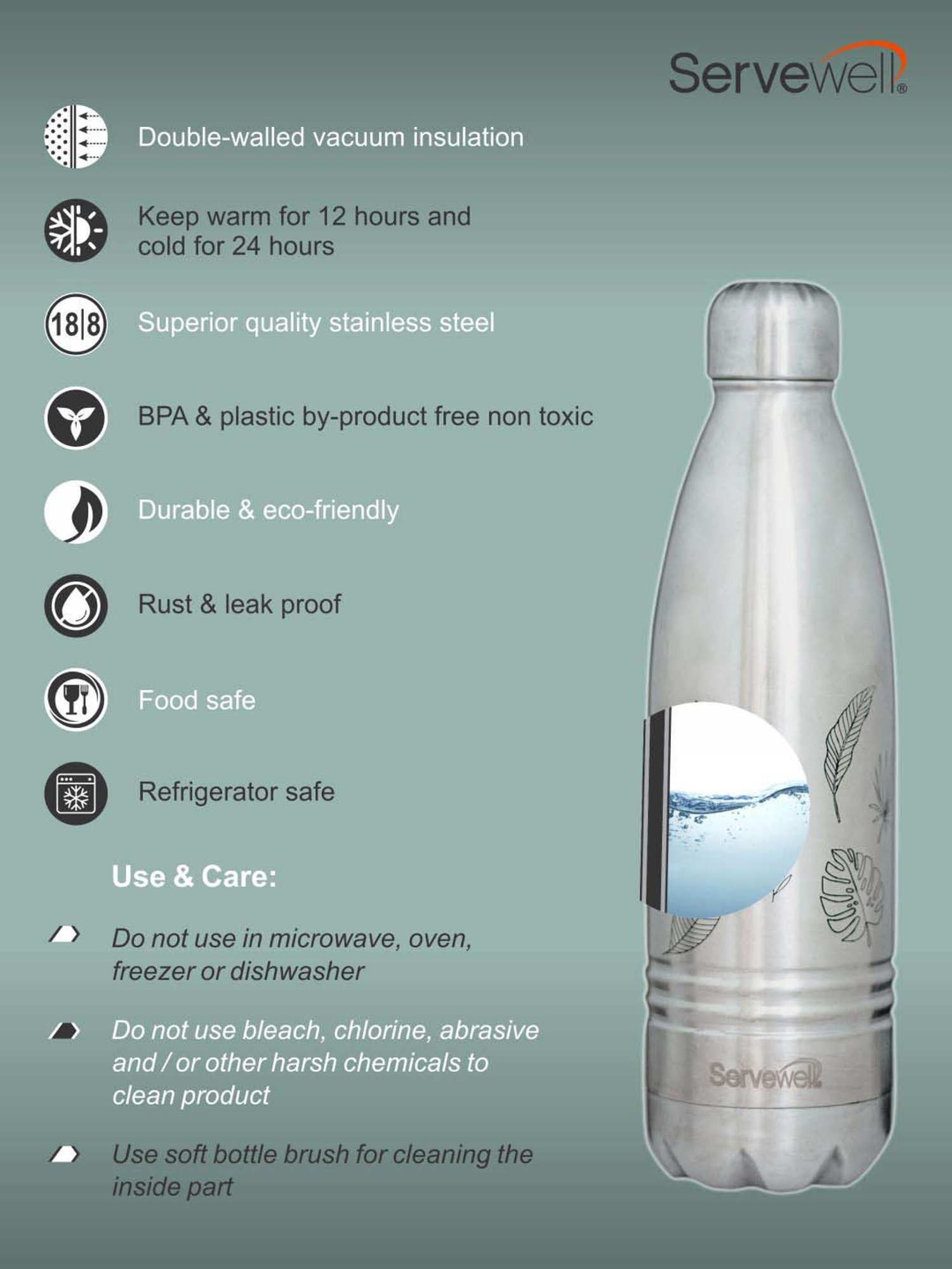 Servewell Indus Silver Stainless Steel Autumn Printed Vacuum Bottle (0.5 L)