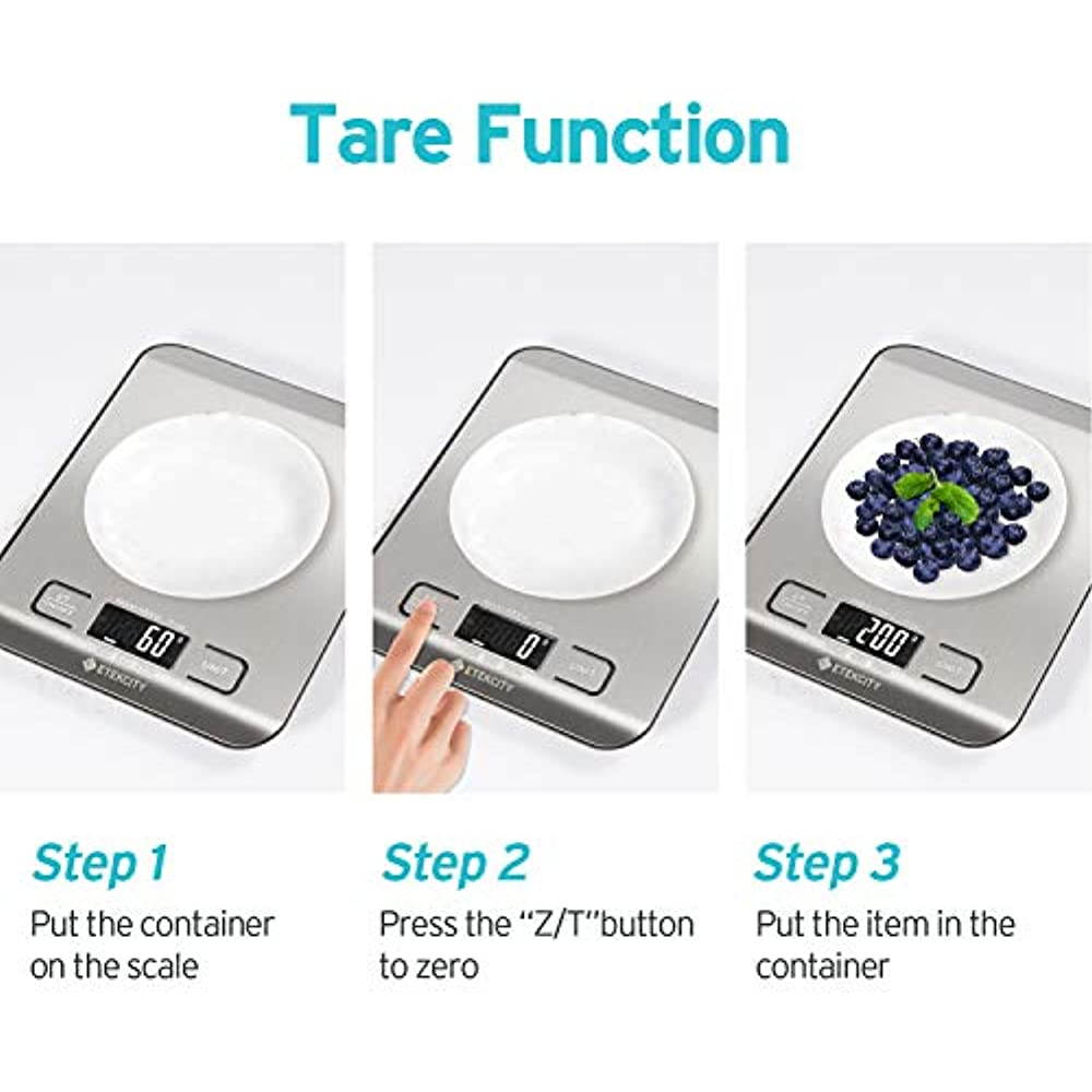 Etekcity Digital Kitchen Scale Multifunction Food Scale, 11 lb 5 kg, Silver, Stainless Steel (Batteries Included)