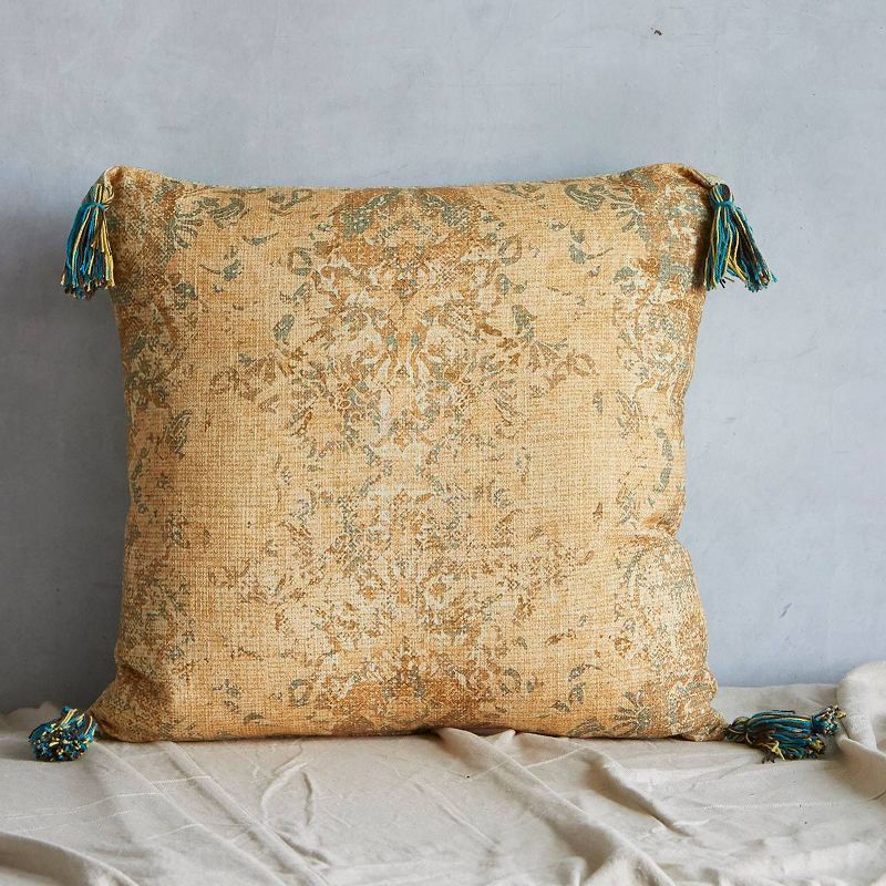 20"x20" Motif Printed Square Throw Pillow with Tassels Teal/Ochre - Patina Vie