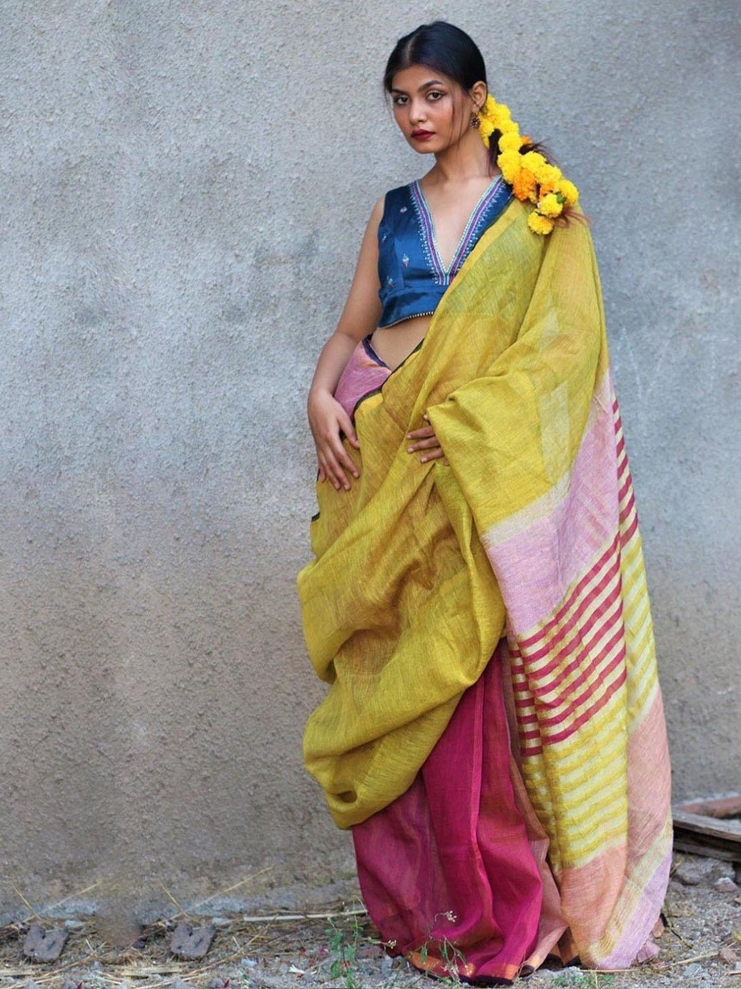 Chidiyaa Aashnaa Yellow Pink Lilac Handwoven Linen Zari Saree Gazala