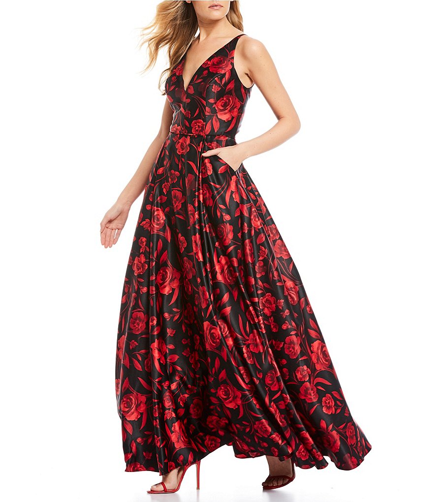 Blondie Nites Spaghetti Strap V-Neck Floral Satin Ball Gown