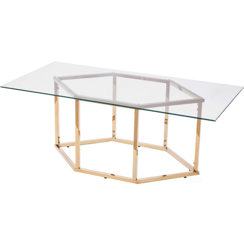 Bold Tones Rectangular Glass Top Hexagon Gold Stainless Steel Metal Base Coffee Table