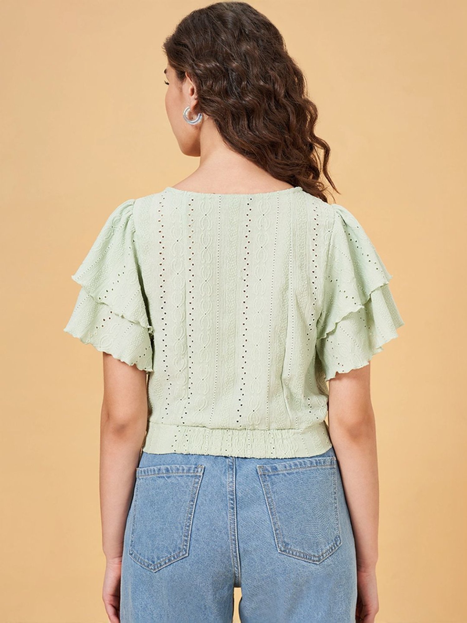 People by Pantaloons Green Self Pattern Crop Top