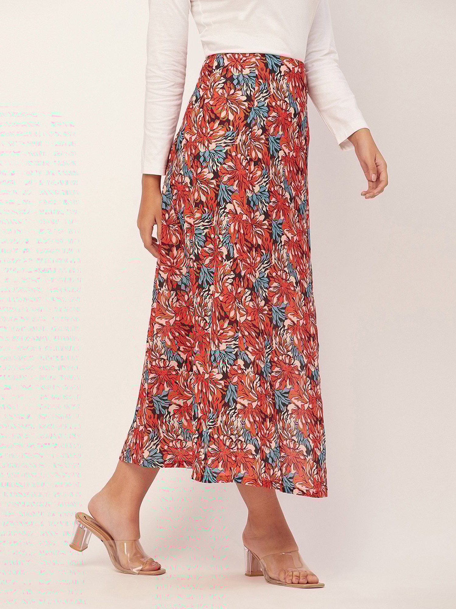 Moomaya Red Georgette Floral Print Skirt