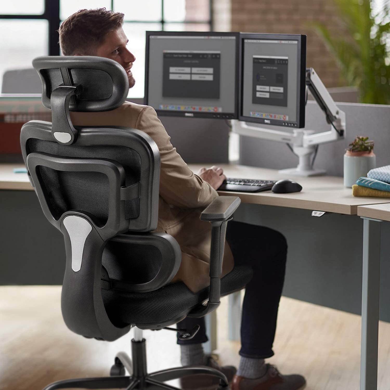 Furmax Ergonomic Office Chair Computer Desk Chair Mesh Fabric High Back Swivel Chair with Adjustable Headrest and Armrests Executive Rolling Chair with Curved Lumbar Support (Gray)