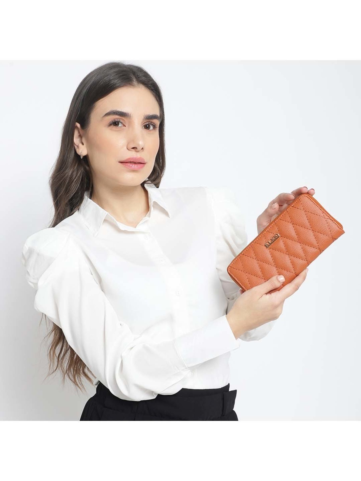 KLEIO Tan Quilted Zip Around Wallet for Women