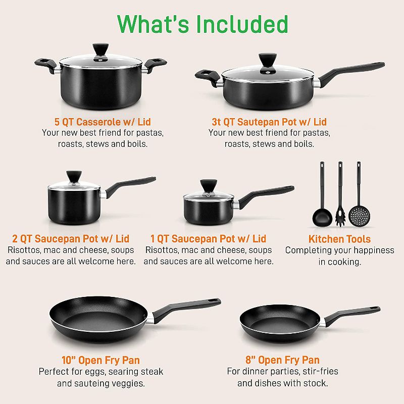 NutriChef Aluminum Nonstick Cooking Kitchen Cookware Pots and Pan Set with Lids and Utensils, 13 Piece Set, Black