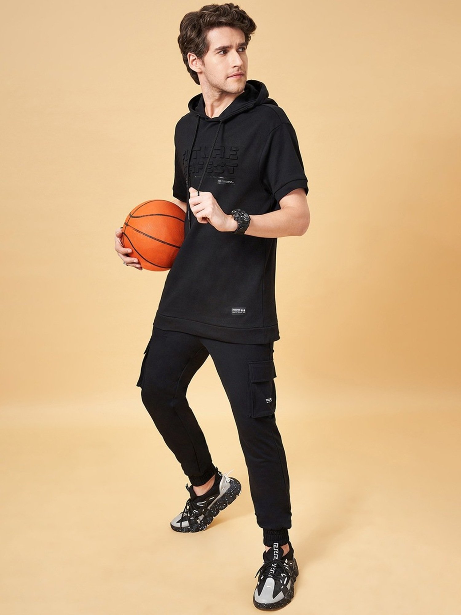 Street 808 by Pantaloons Black Cotton Boxy Fit Printed Hooded T-Shirt