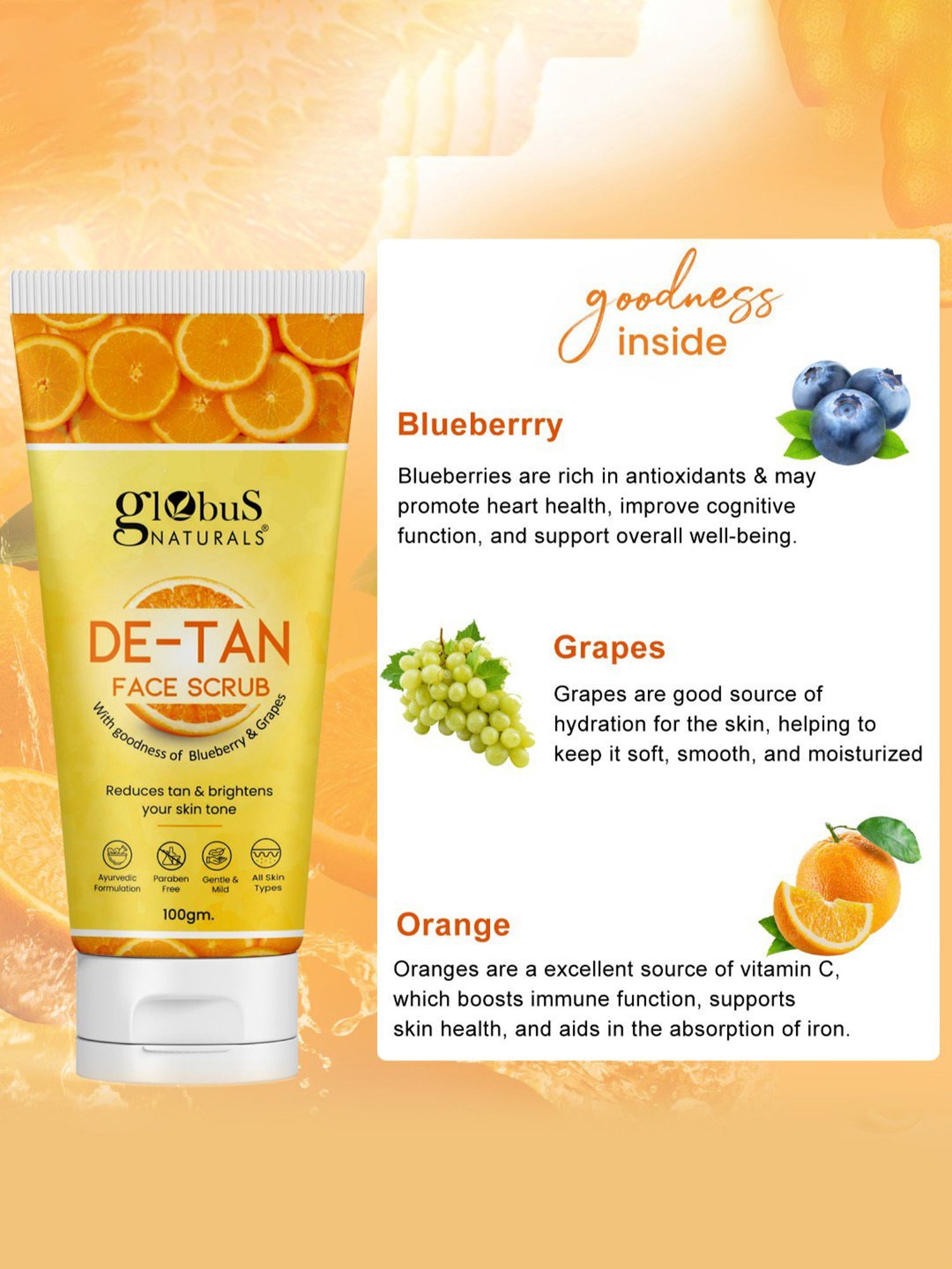 Globus Naturals De-Tan Face Scrub - 100 gm