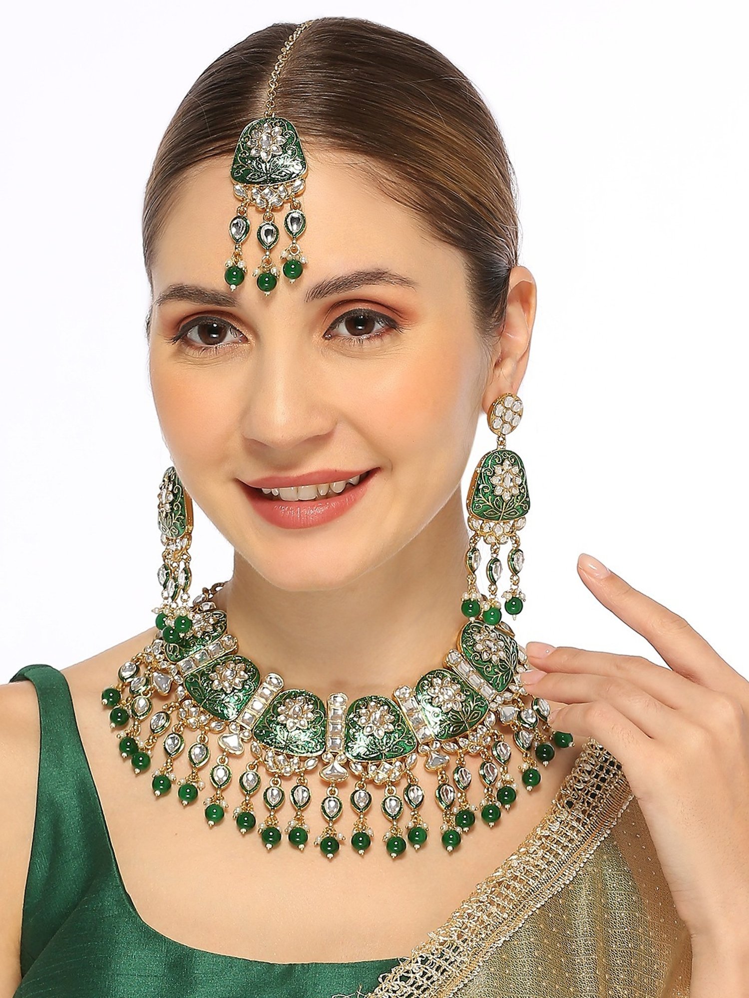 Oomph Green Meenakari Ethnic Necklace Maangtikka & Earrings Set