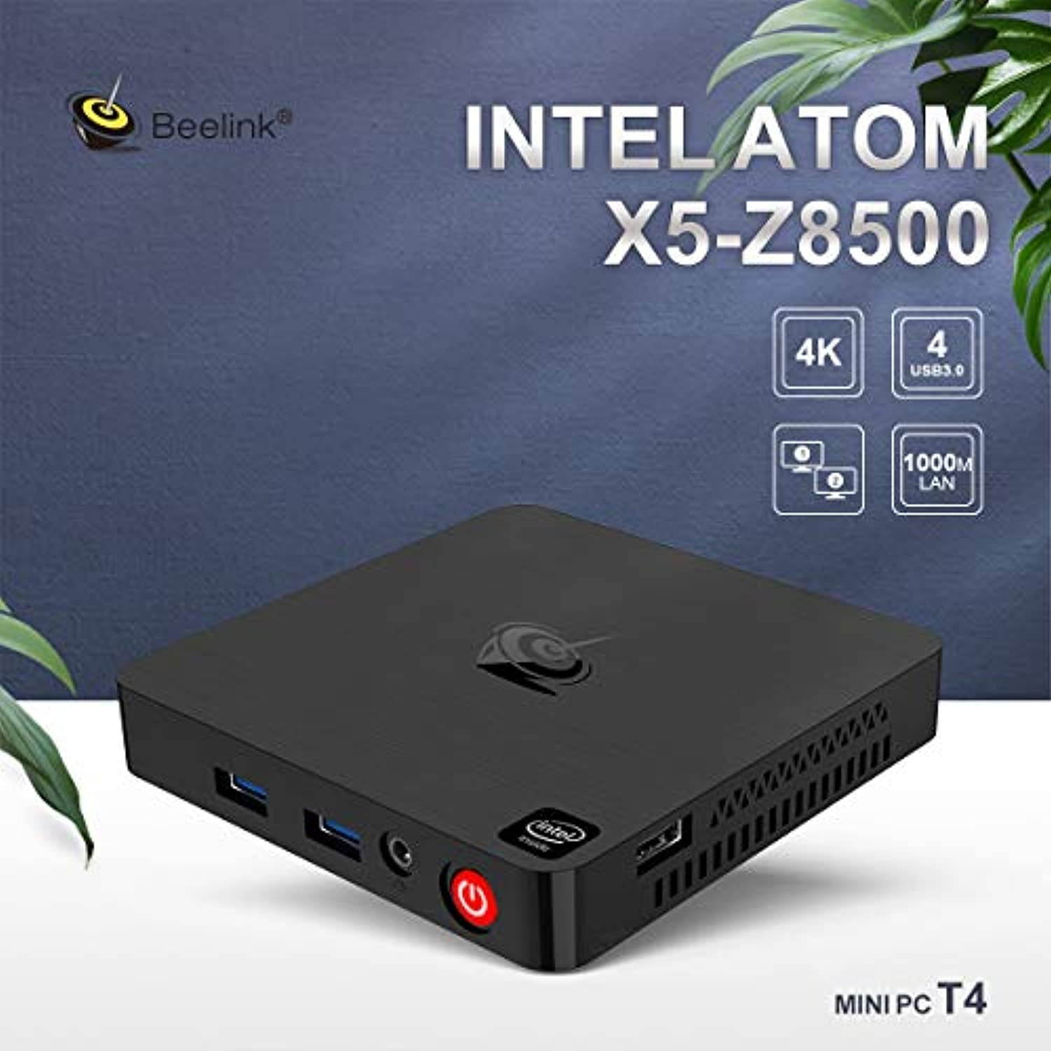 Mini PC Beelink T4,Windows 10 Intel Atom X5-Z8500 Quad Core Ultra-Quiet Mini Computer,4GB DDR/64GB eMMC,HDMI and DP Port,4K@30Hz HD,2.4G+5G WiFi,Support Auto Power On, PXE Boot, WOL, RTC Wake