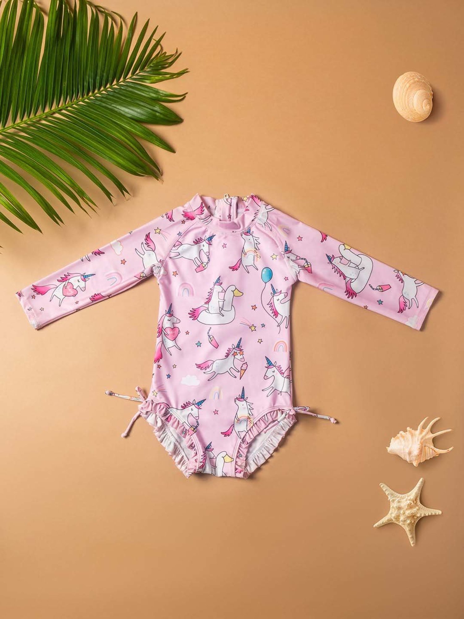 Baby Moo Kids Pink Printed Full Sleeves Swimming Costume