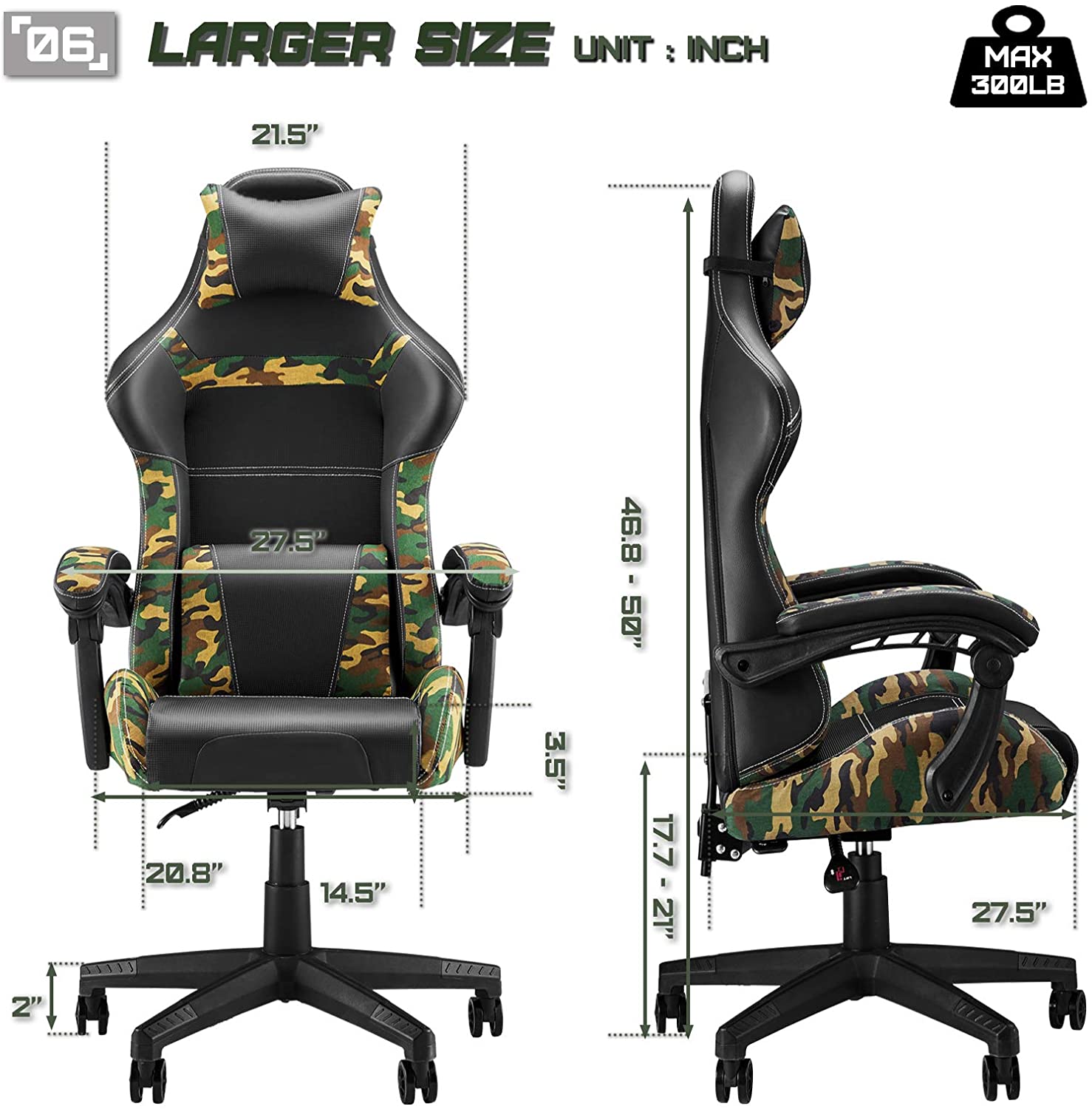 Gaming Chair Camo PC Video Game Chairs Camouflage Office Computer Chair Tall Back with Carbon Fiber Leather Comfortable Adjustable Armrest Headrest and Lumbar Support for Adults/Men/Teens/Kids/Boys