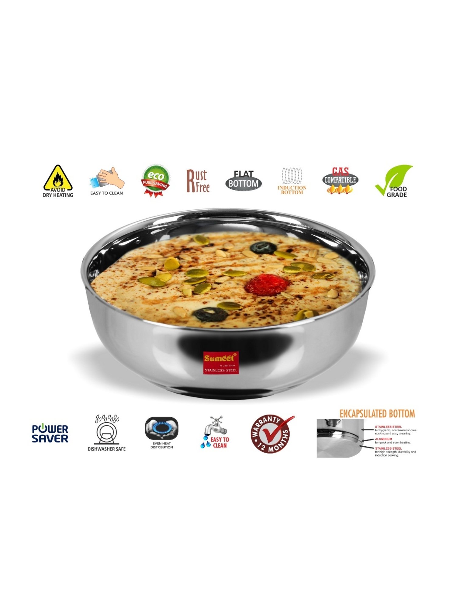 Sumeet Stainless Steel Induction Bottom  Tasra  Size No.12 (1.9 Ltr)