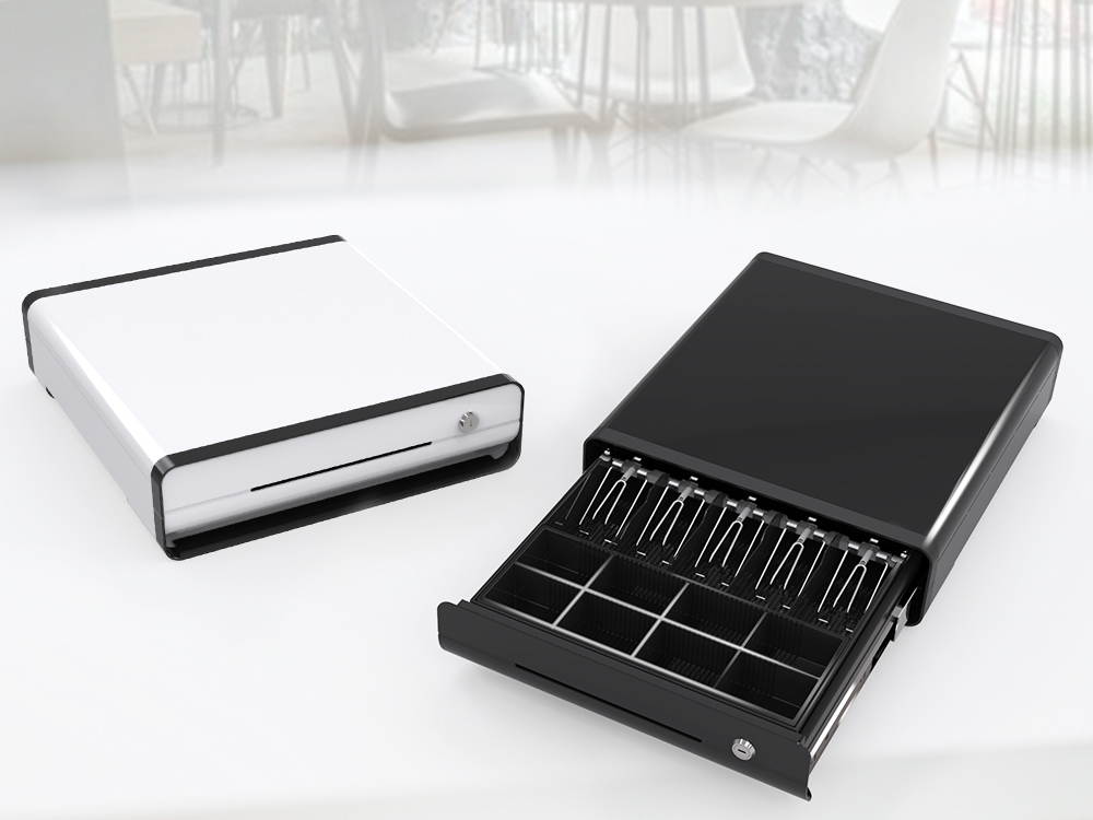 Beelta Cash Register Drawer 16&rdquo; for Point of Sale (POS) System with Fully Removable Cash Tray, 5 Bill slots / 5 Coin slots, 24V, RJ11/RJ12 Key-Lock, Media Slot, SPCC, White