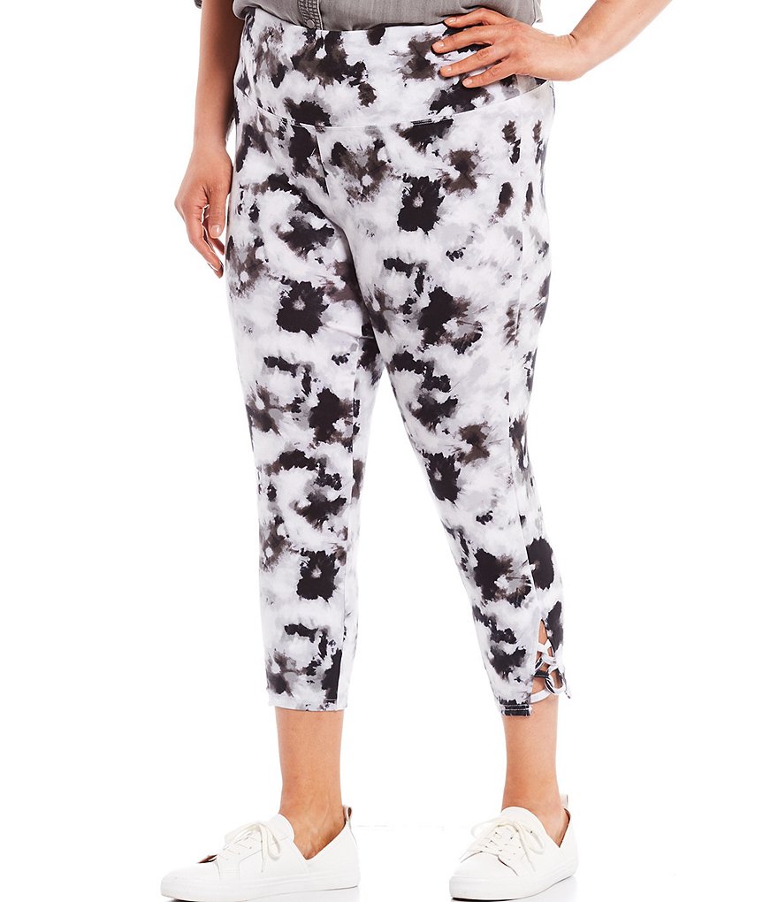 Intro Plus Size Splash Tie Dye Loop Strap Hem Detail 7/8 Ankle Pull-On Leggings