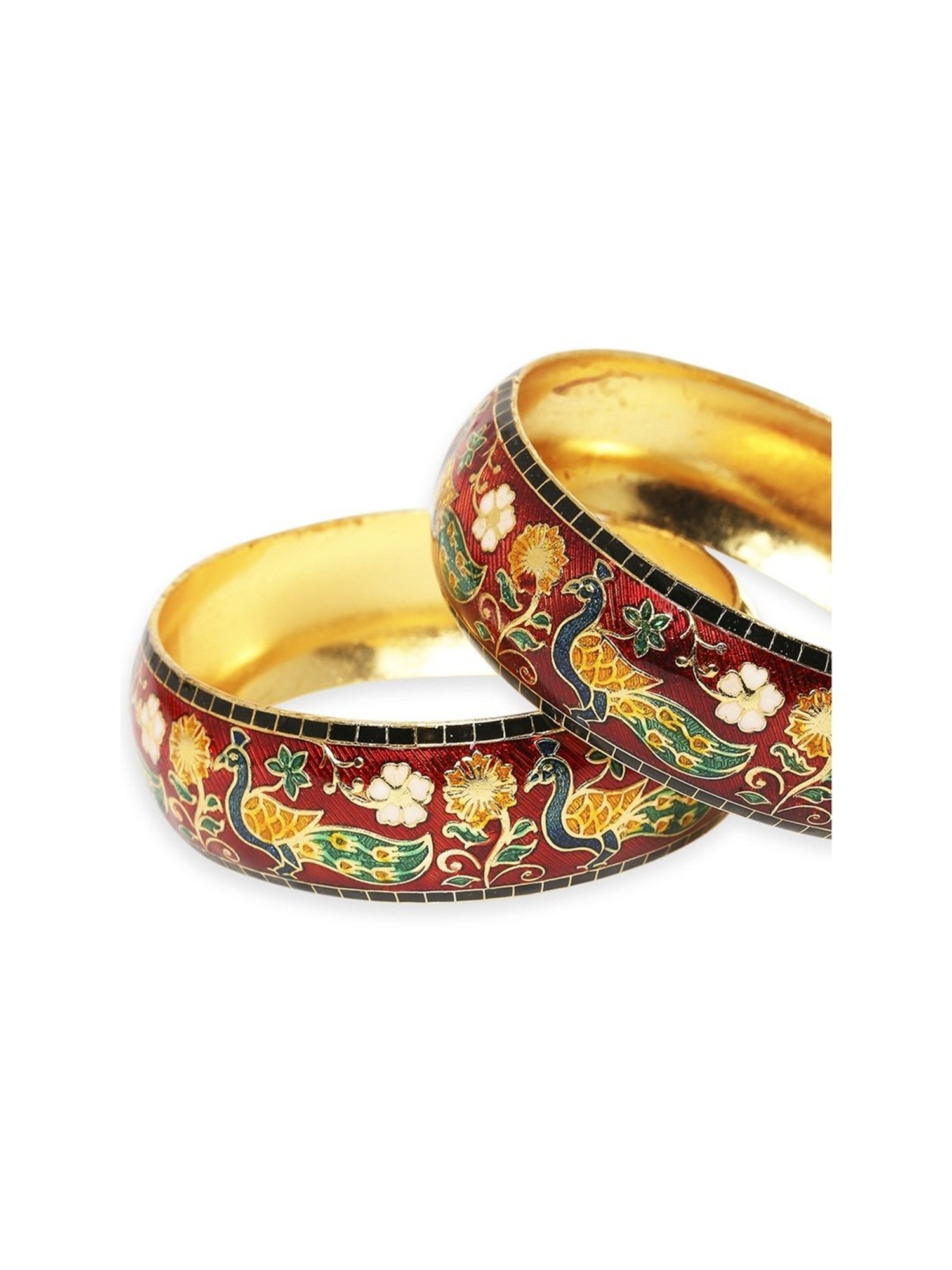Oomph Jewellery Red & Green Meenakari Peacock & Floral Brass Bangles - Set of 2