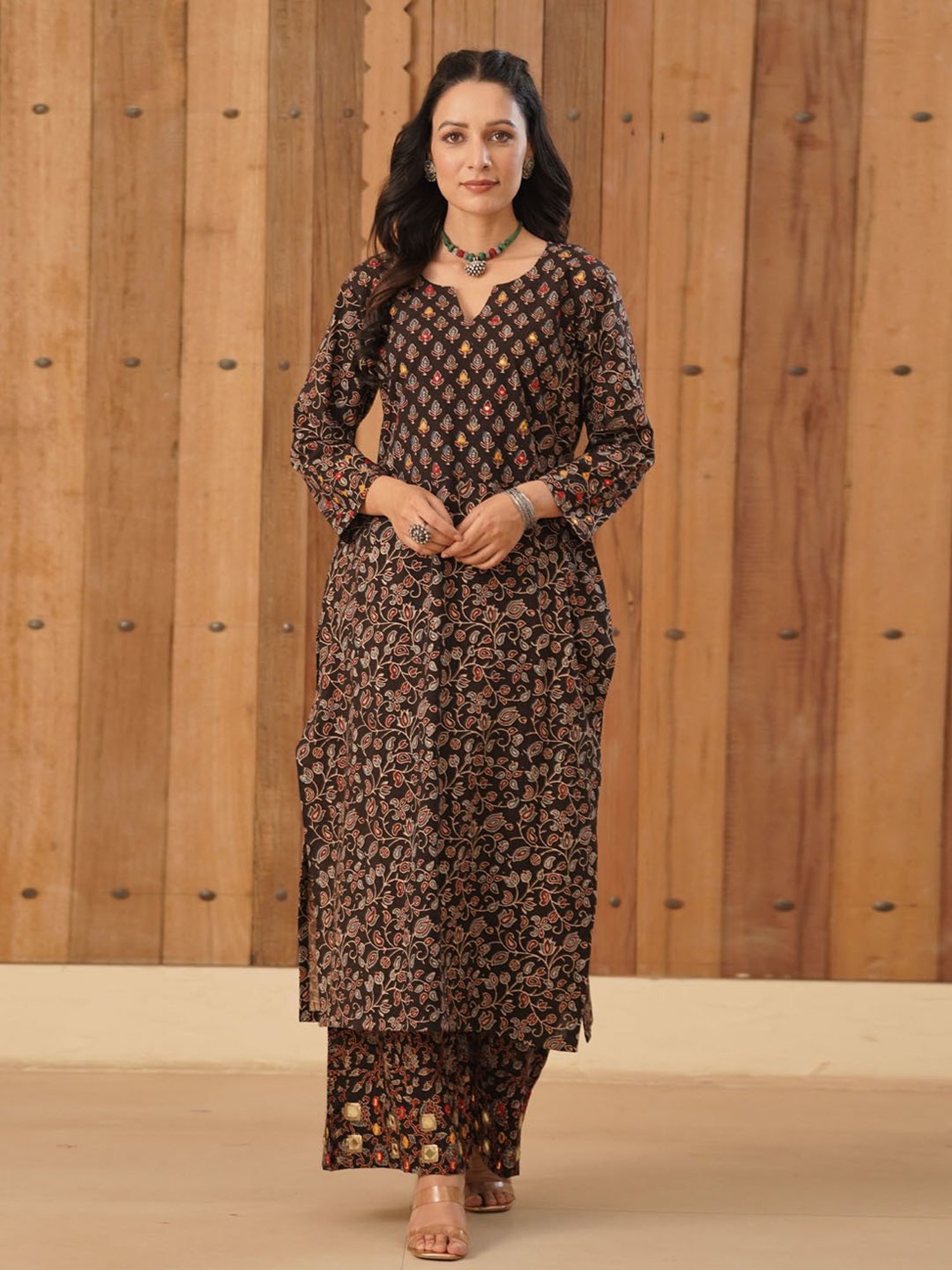 Love Chic Ajrakh Flared Kurta with delicate mirror and thread hand embroidery