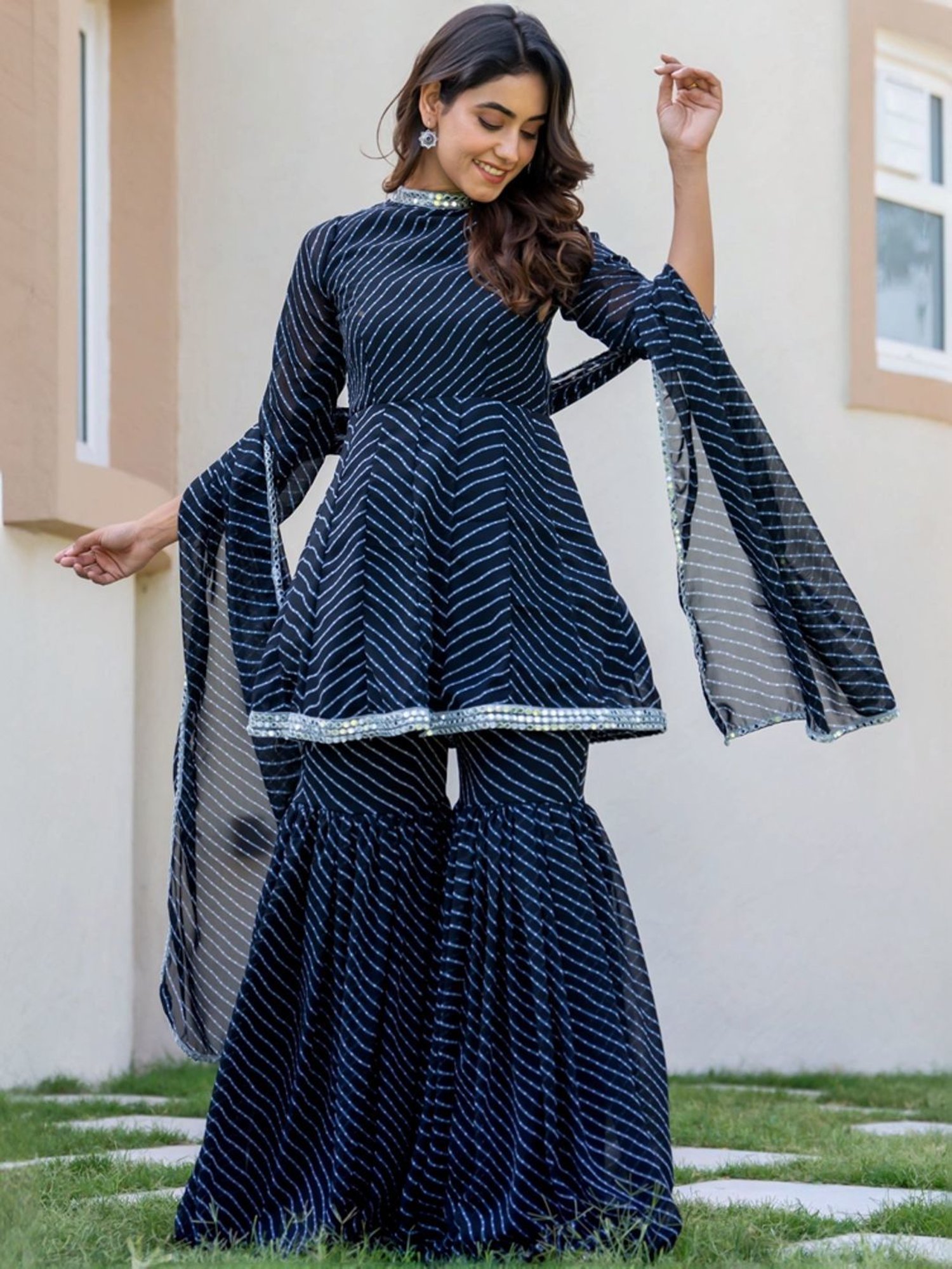 HOUSE OF JAMOTI Black Printed Short Kurti Sharara Set With Dupatta