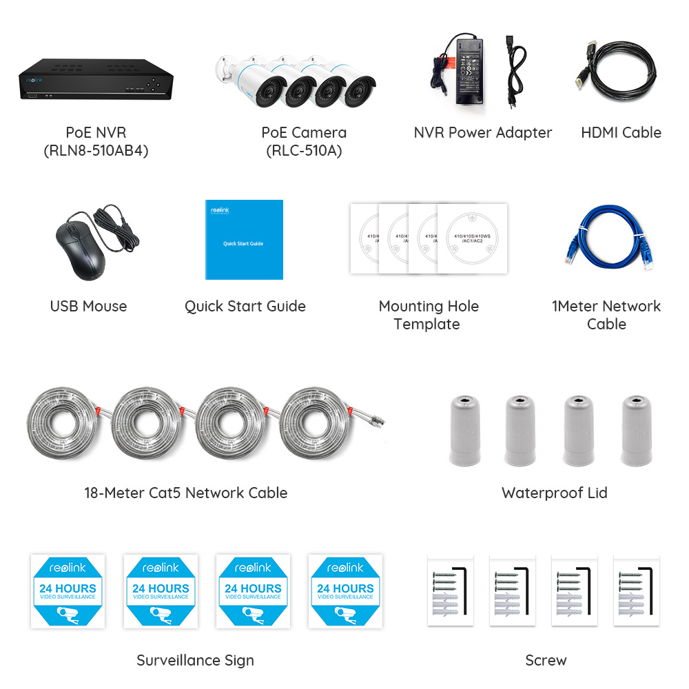 Reolink 8CH 5MP Security Camera System, 4pcs Person/Vehicle Detection 5MP Wired Outdoor PoE IP Cameras 8CH 4K 8MP NVR with 2TB HDD for 24/7 Recording, RLK8-510B4-A