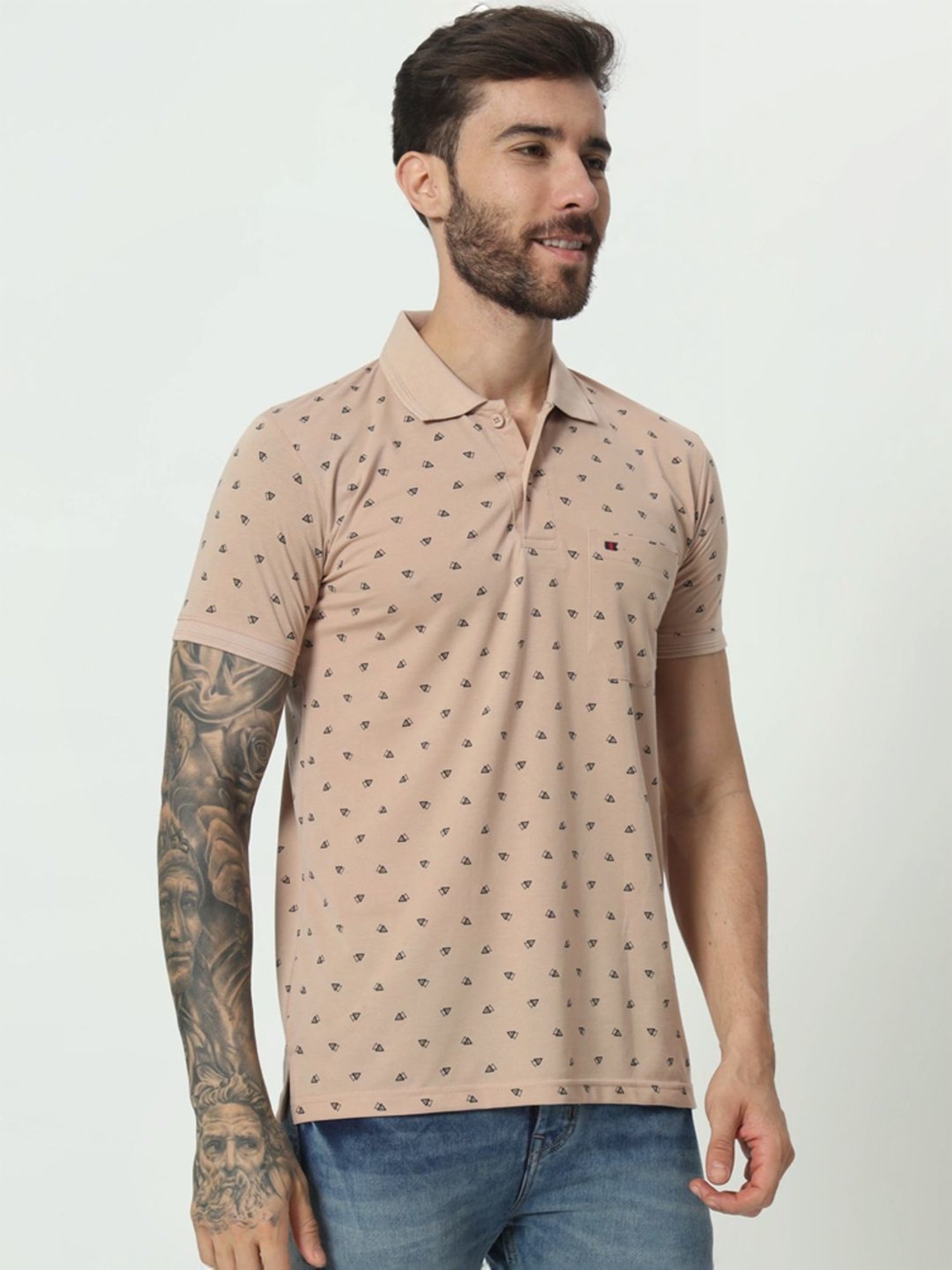 Tab91 Beige Regular Fit Printed Polo T-Shirts