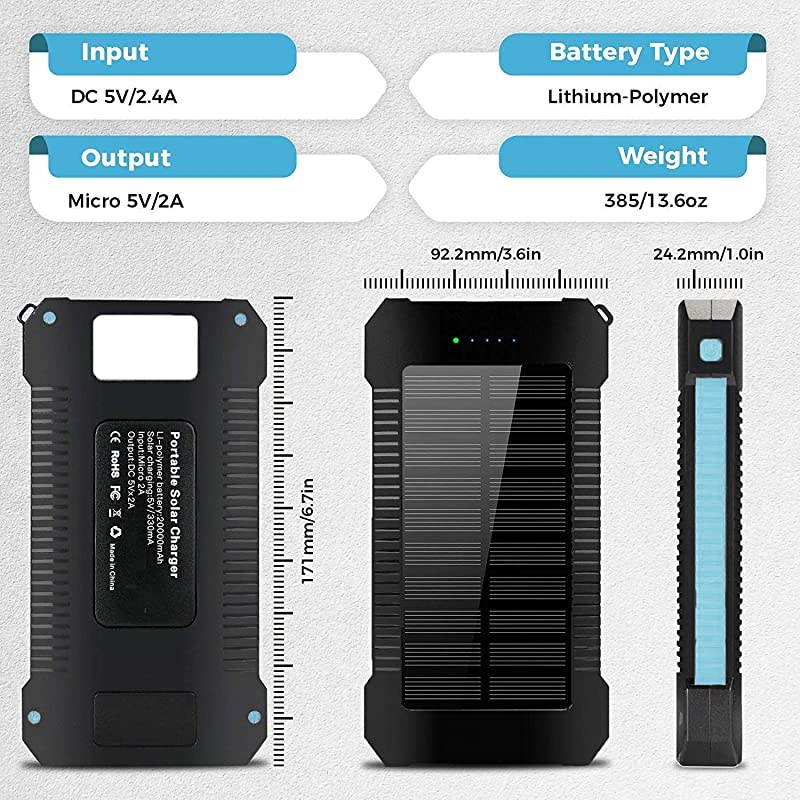 Solar Phone Charger 20000mAh Portable Power Bank Waterproof Battery Packs with Dual Ports Compass Flashlight for Camping Solar Panel for SmartphonesGoPro CameraGPS and Other Devices