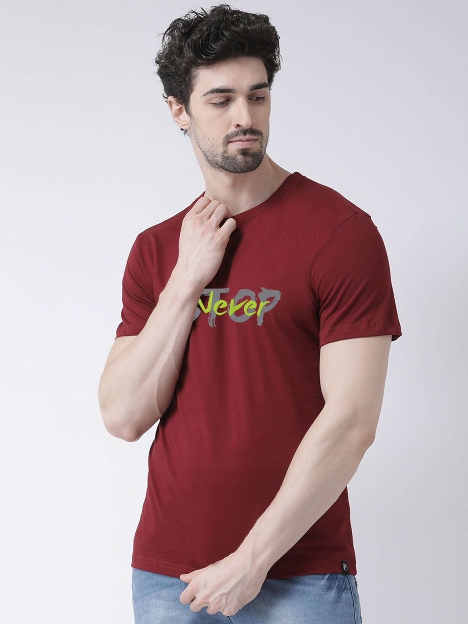 Friskers Maroon Cotton Slim Fit Printed T-Shirt