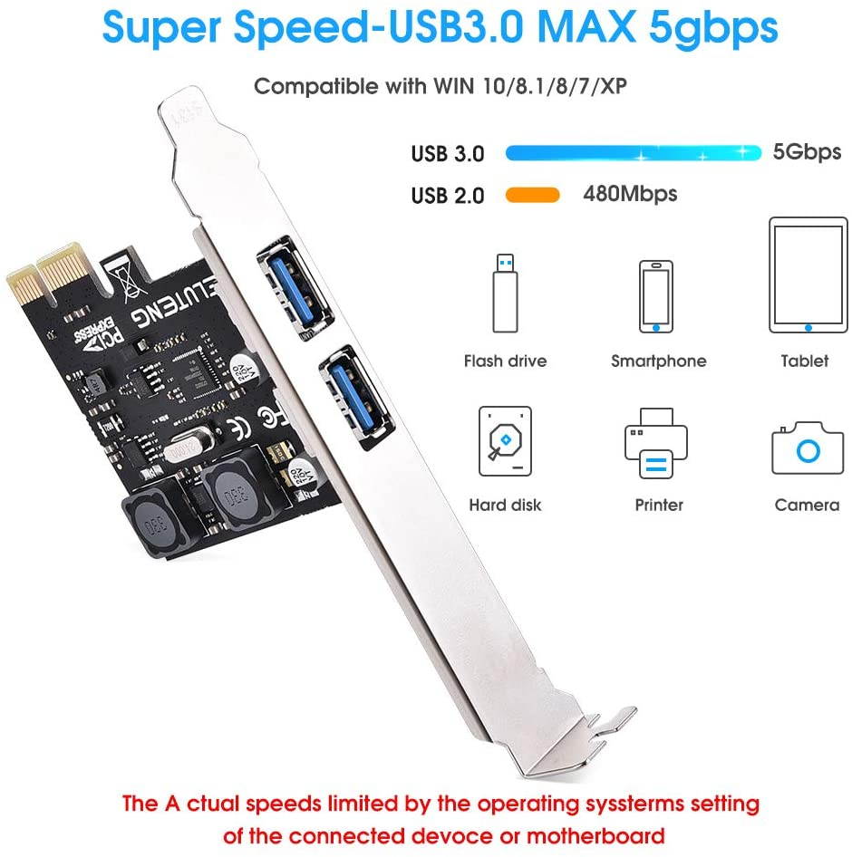PCIE USB 3.0 Card, 2 Ports PCI Express to USB Expansion Card Super Speed 5Gbps PCI-e USB3 Hub Controller Adapter for Windows 10/8.1/8/7/XP/Vista - Self Powered, No Need Additional Power Supply