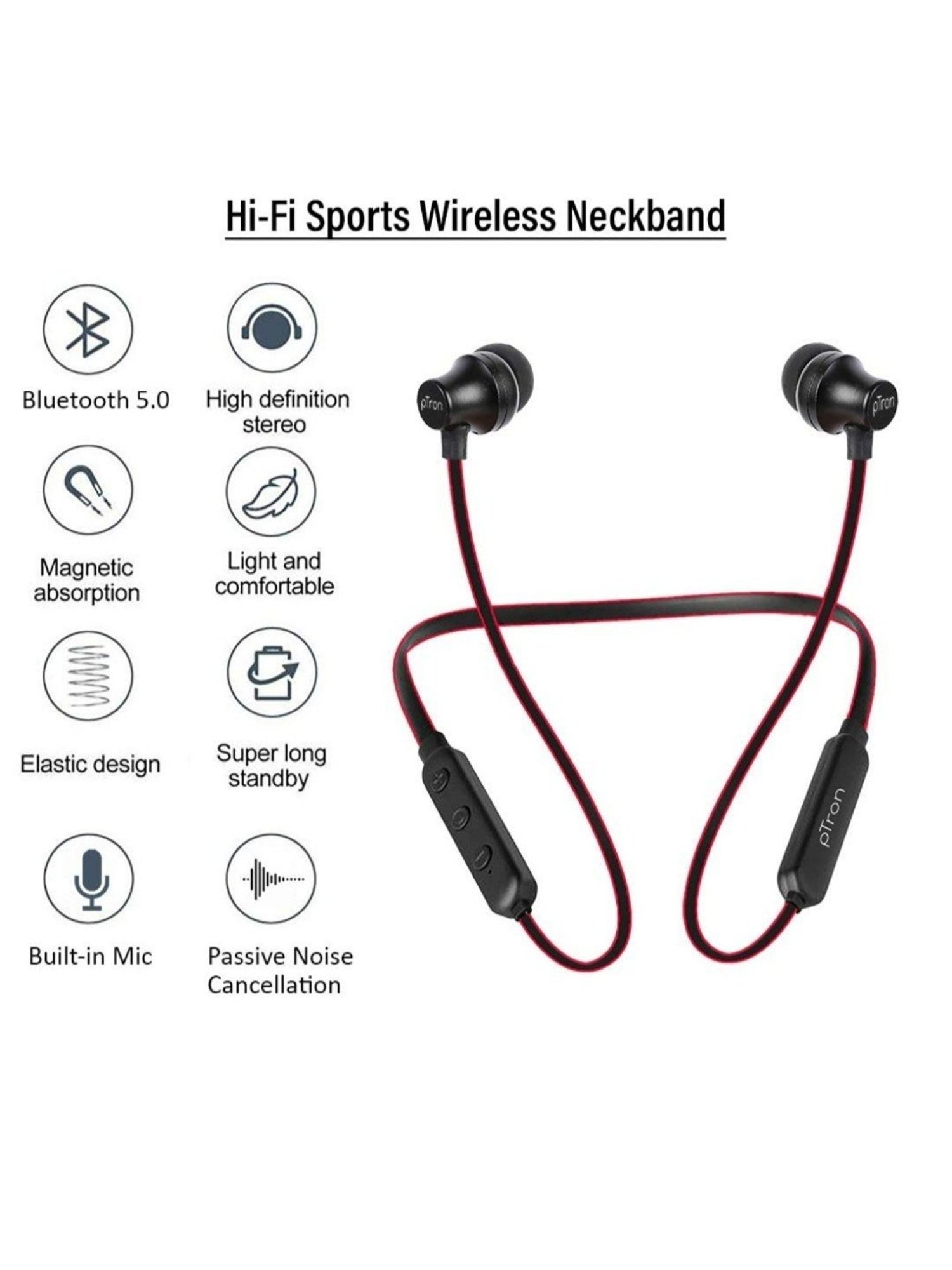 PTron Tangent Lite Bluetooth 5.0 Wireless in Ear Neckband with Mic (Black & Red)