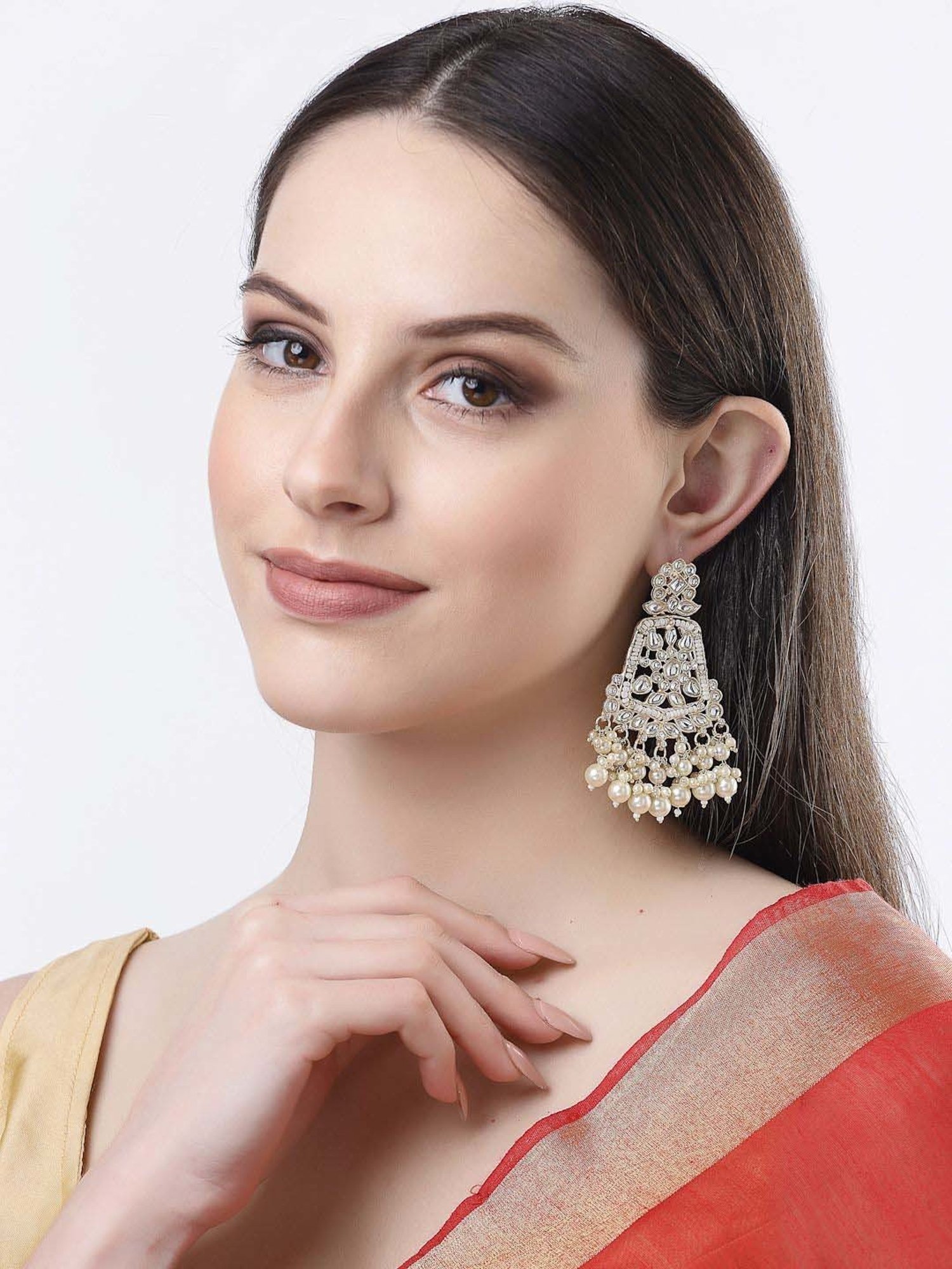 NVR Gold-Plated Kundan Dangler Earrings for Women