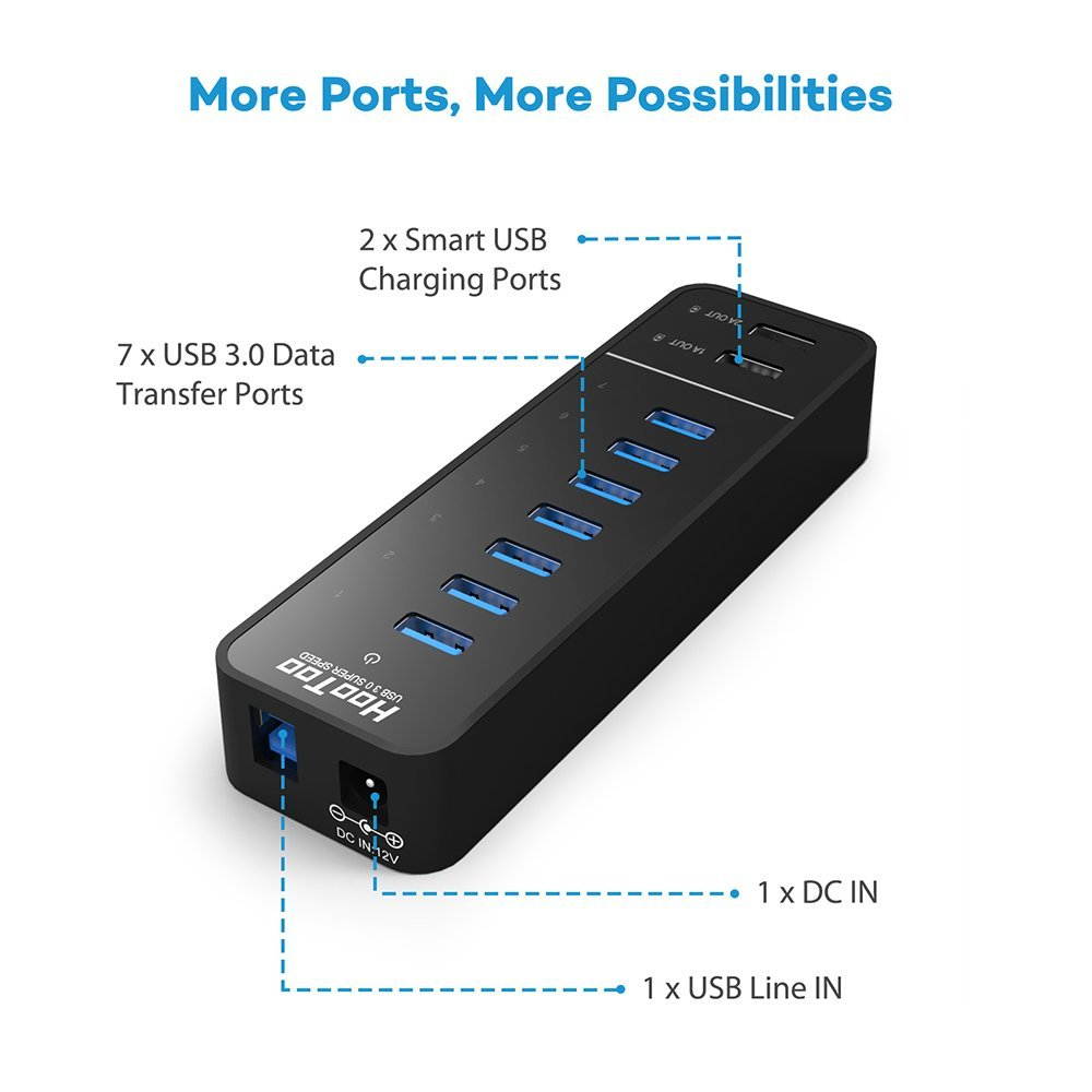 Bailink USB HUB,  9-Port 60 Watts USB 3.0 Hub with 2 Smart Charging Ports and 7 Data Transfer Ports Up to 5Gps for iPhone, Smartphone, iPad, IMac,PC ,Laptops and More
