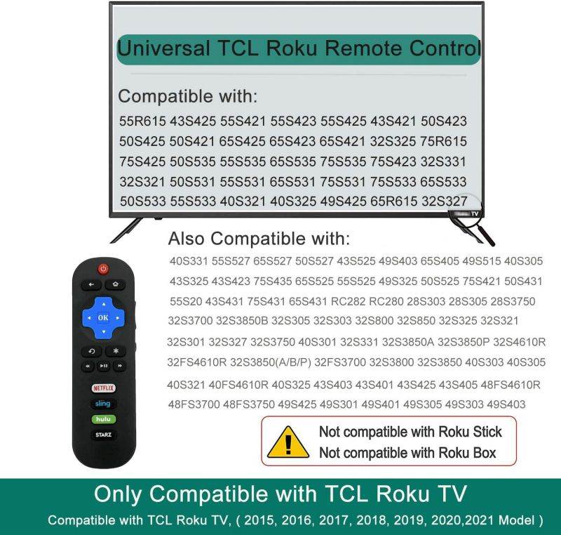 Replace Remote Compatible with All TCL Roku TV Remote, Universal for TCL Smart Built-in Roku TV Remote Control Replacement RC280 RC282 Remote ((No Steup Required)