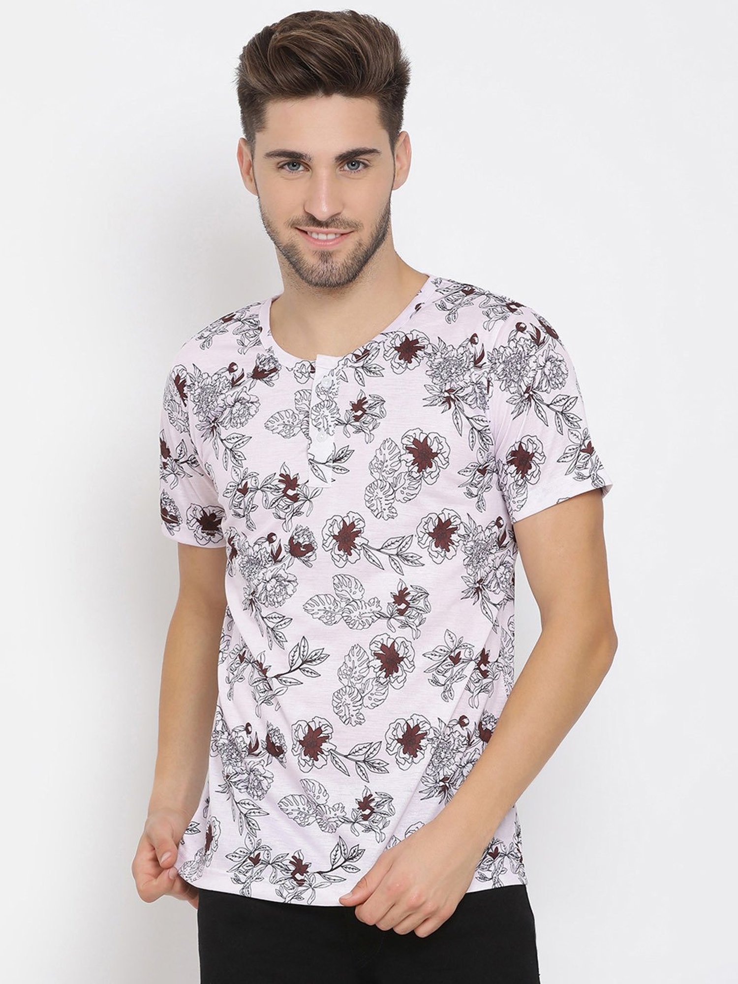 Hangup Plus White Regular Fit Printed Henley T-Shirt