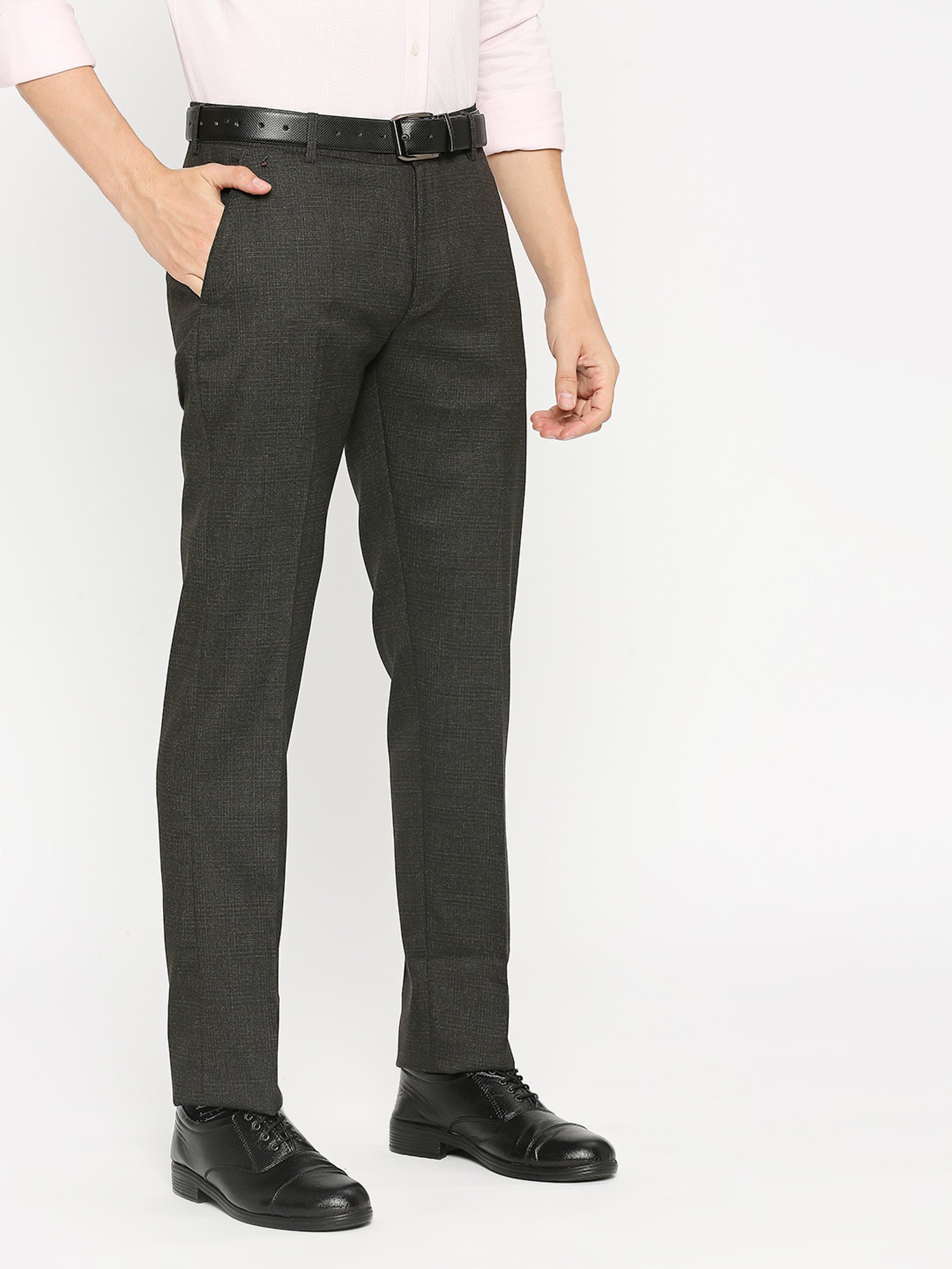 SOLEMIO Dark Brown Slim Fit Self Design Flat Front Trousers