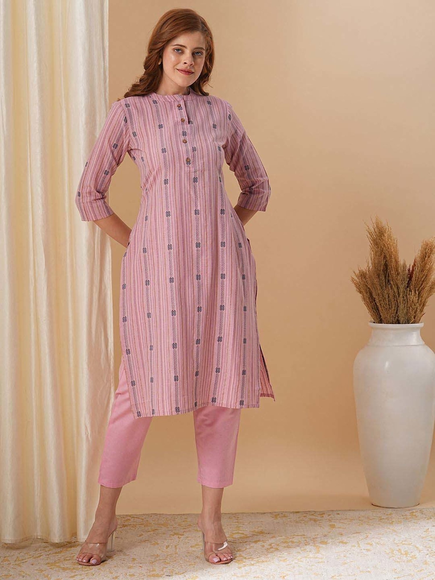 Fashor Lilac Cotton Woven Pattern Kurta & Pant Set