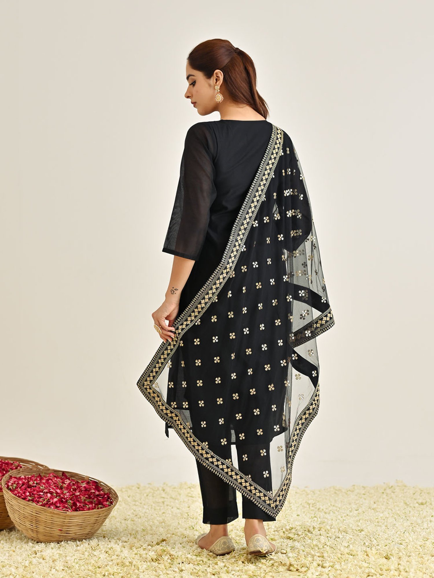 Rustorange Black Embroidered Kurta With Pant & Dupatta