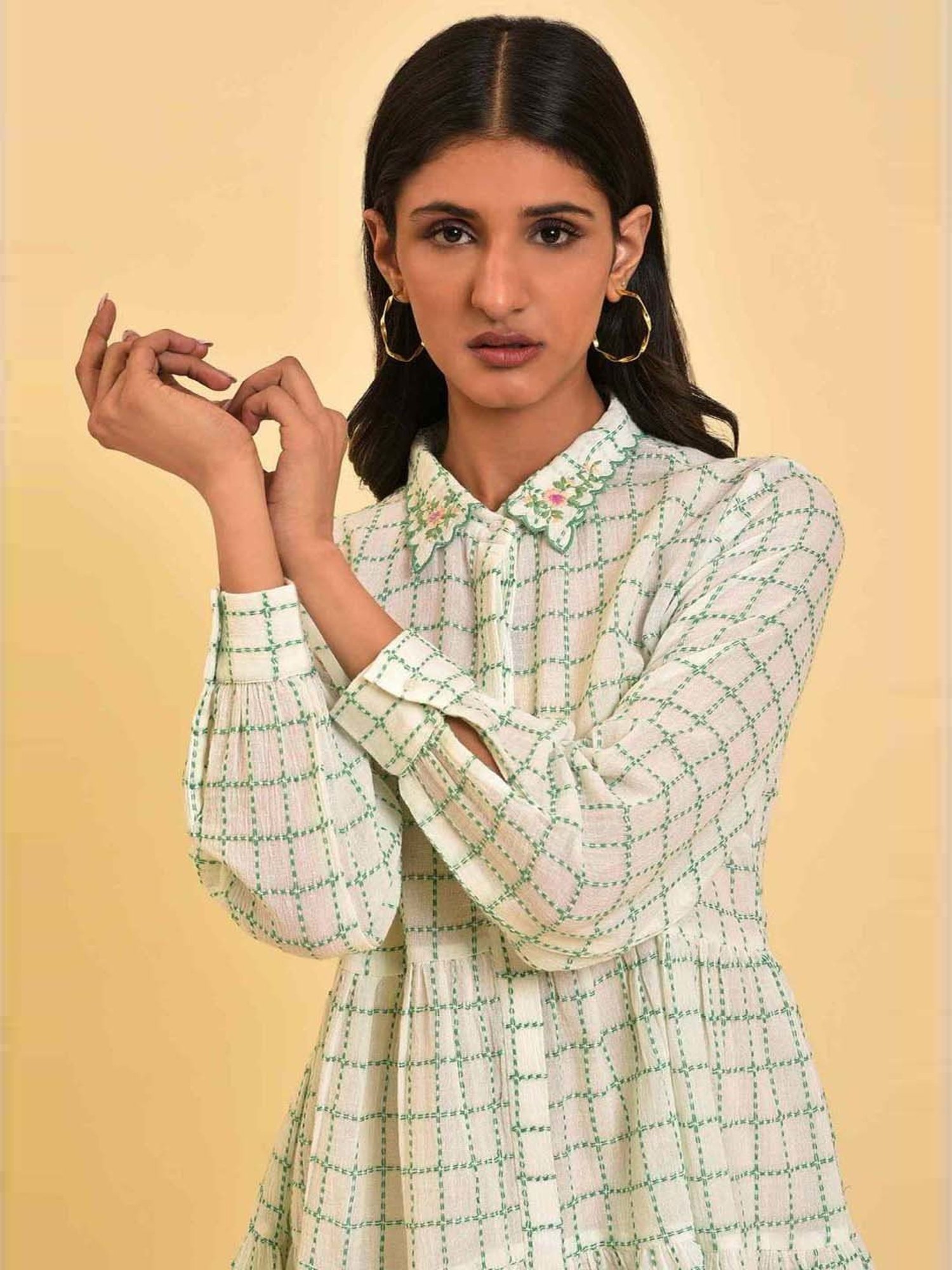W Green Cotton Chequered Top