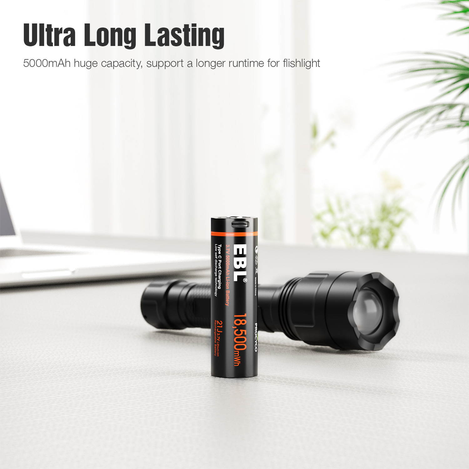 EBL 5000mAh Rechargeable Batteries, 3.7v Lithium-ion Battery with Type-C USB Charging Cable for Flashlight, LED Head Lamp