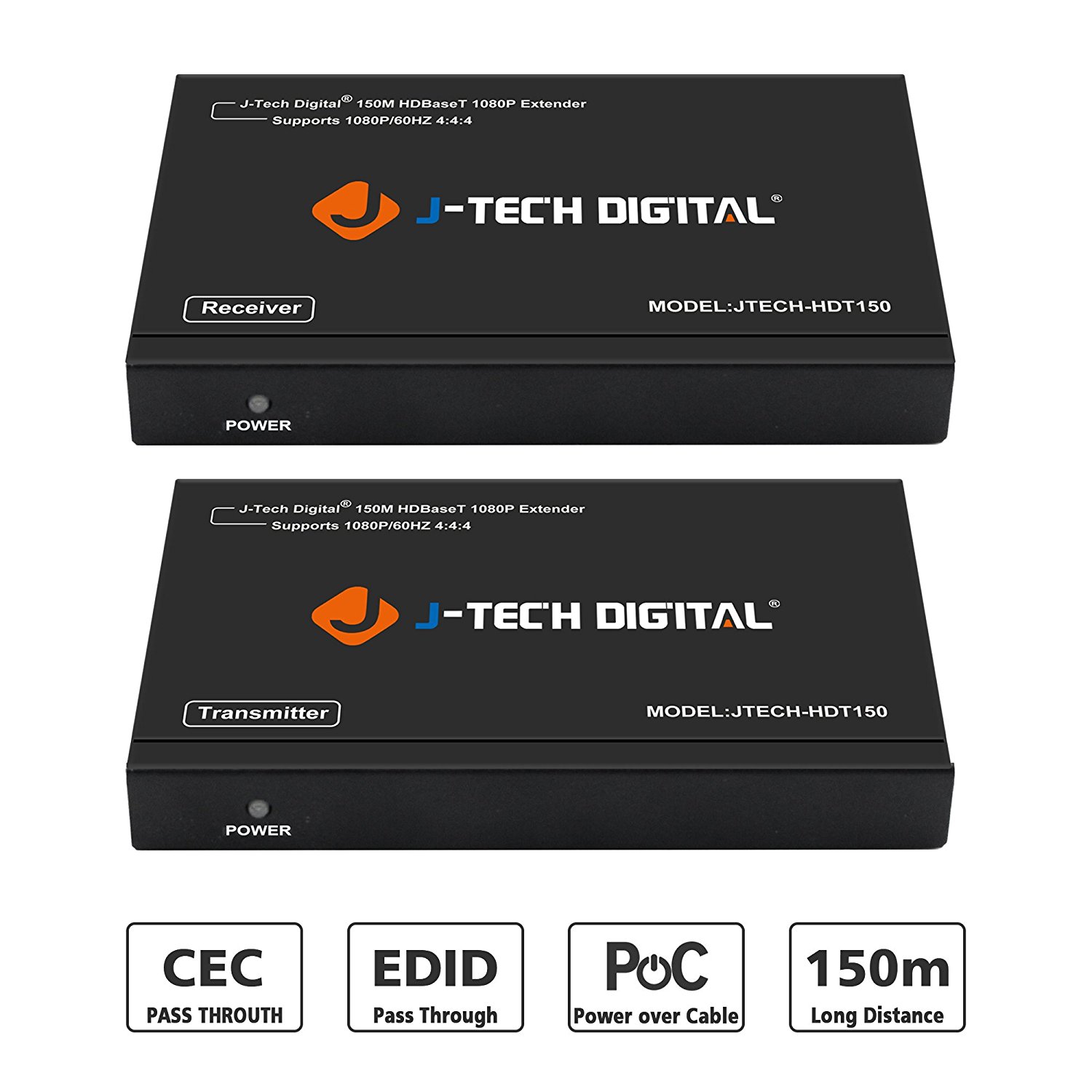 J-Tech Digital Long Range HDMI Extender Over Cat6 150m/492ft HDBaseT 1080P Extender PoC, Bi-Directional IR, Supports Dolby Digital, DTS, with EDID, CEC, RS-232 Passthrough (JTECH-HDT150)