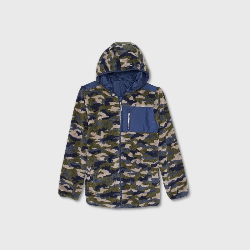 Boys' Camo Print Reversible Full Zip Faux Fur Jacket - Cat & Jack™ Olive Green/Navy XS