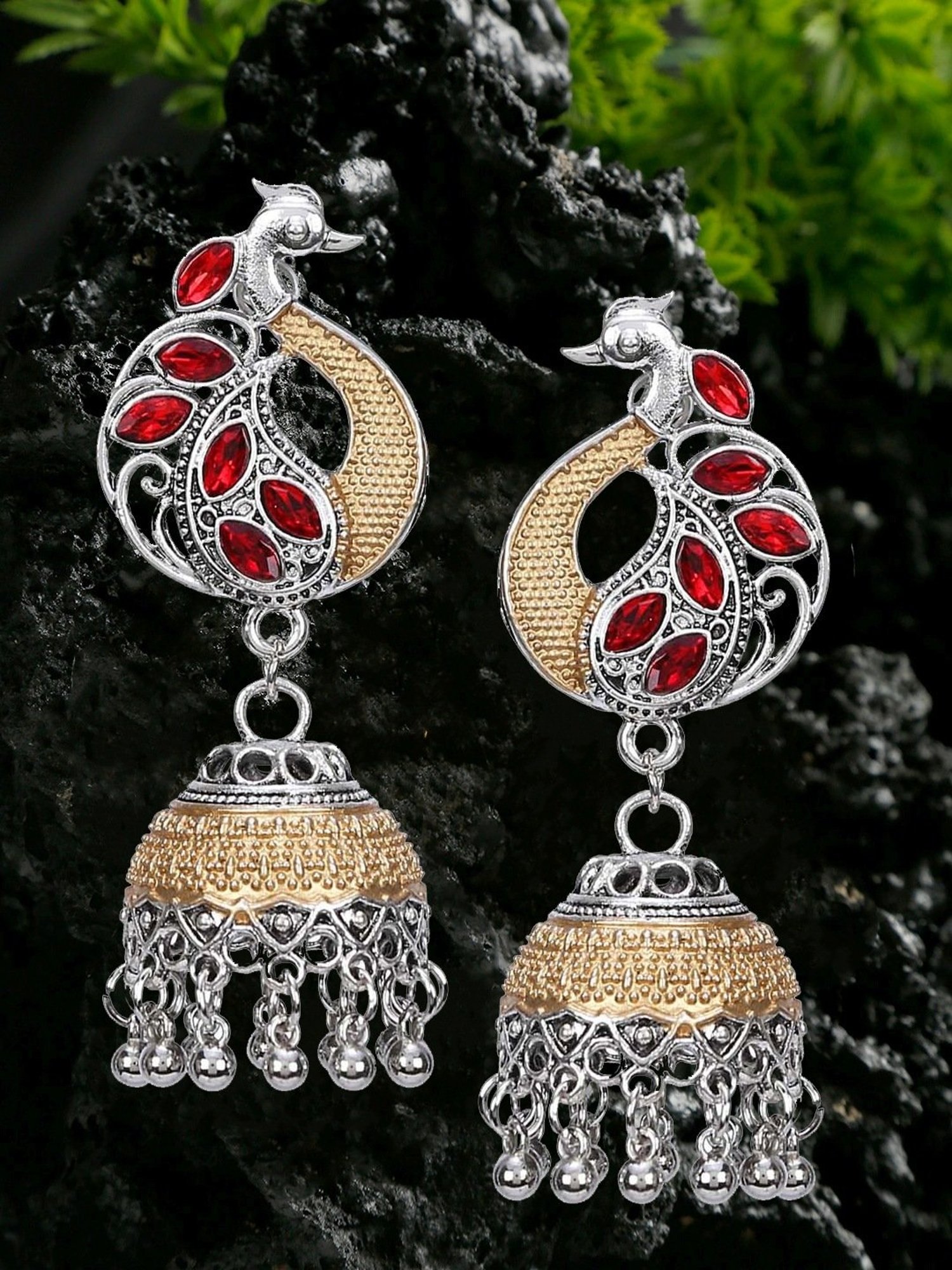YouBella Peacock Design Celebrity Inspired Pearl Long Silver Golden & Red Jhumki Earrings for Women