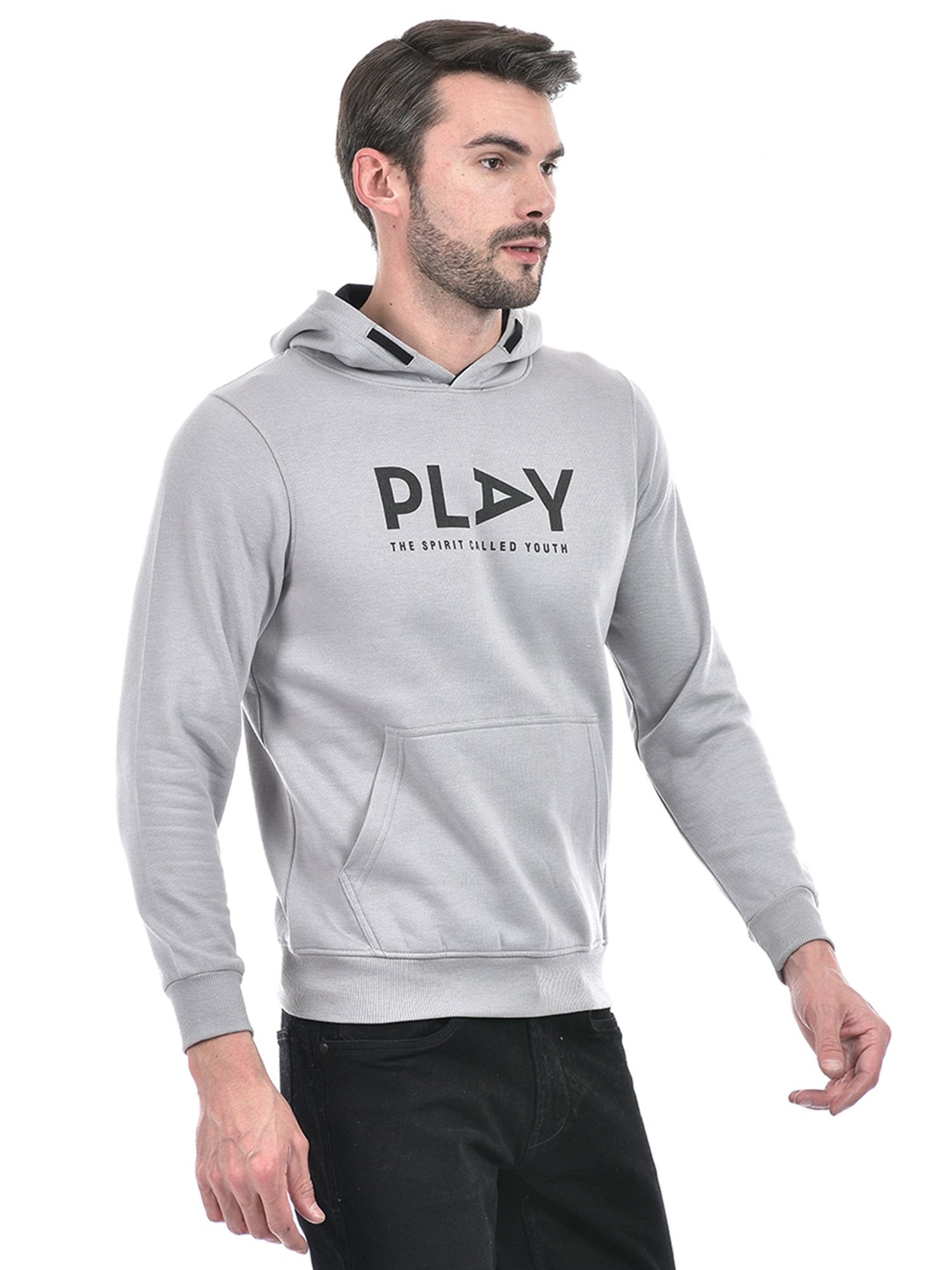 Integriti Grey Melange Regular Fit Printed Hooded Sweatshirt