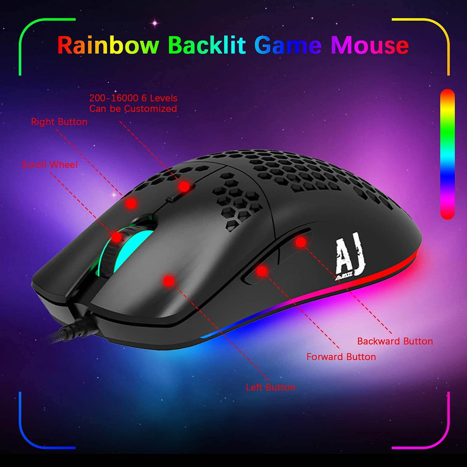 A-jazz AJ390 Gaming Mouse with 16,000 DPI Optical Sensor Chroma RGB Lighting,69g Lightweight Honeycomb Shell, Ultraweave Cable,6 Programmable Buttons for PC Gamer