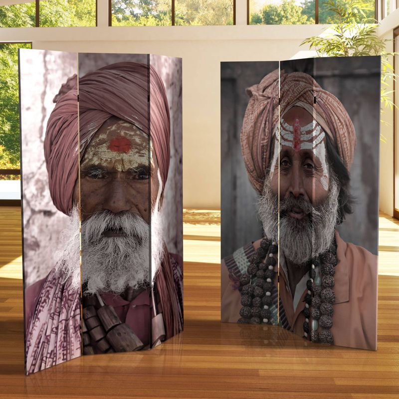 6" Double Sided Hindu Sadhu Canvas Room Divider Pink/Beige - Oriental Furniture