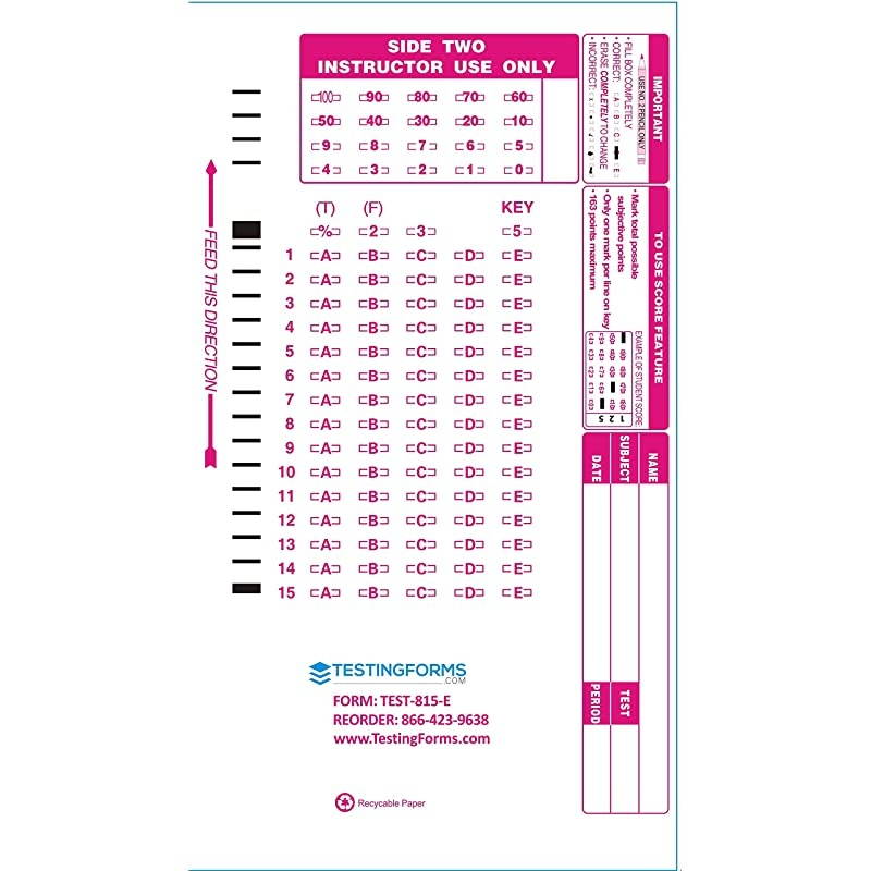 815 E 15 Question Compatible Testing Forms 100 Sheet Pack