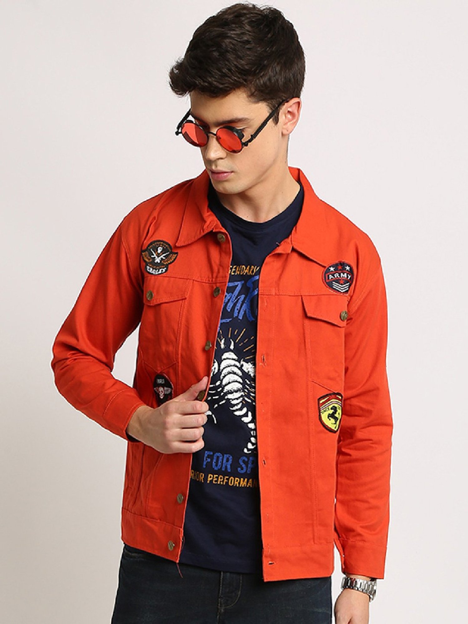 VOXATI Orange Full Sleeves Shirt Collar Denim Jacket
