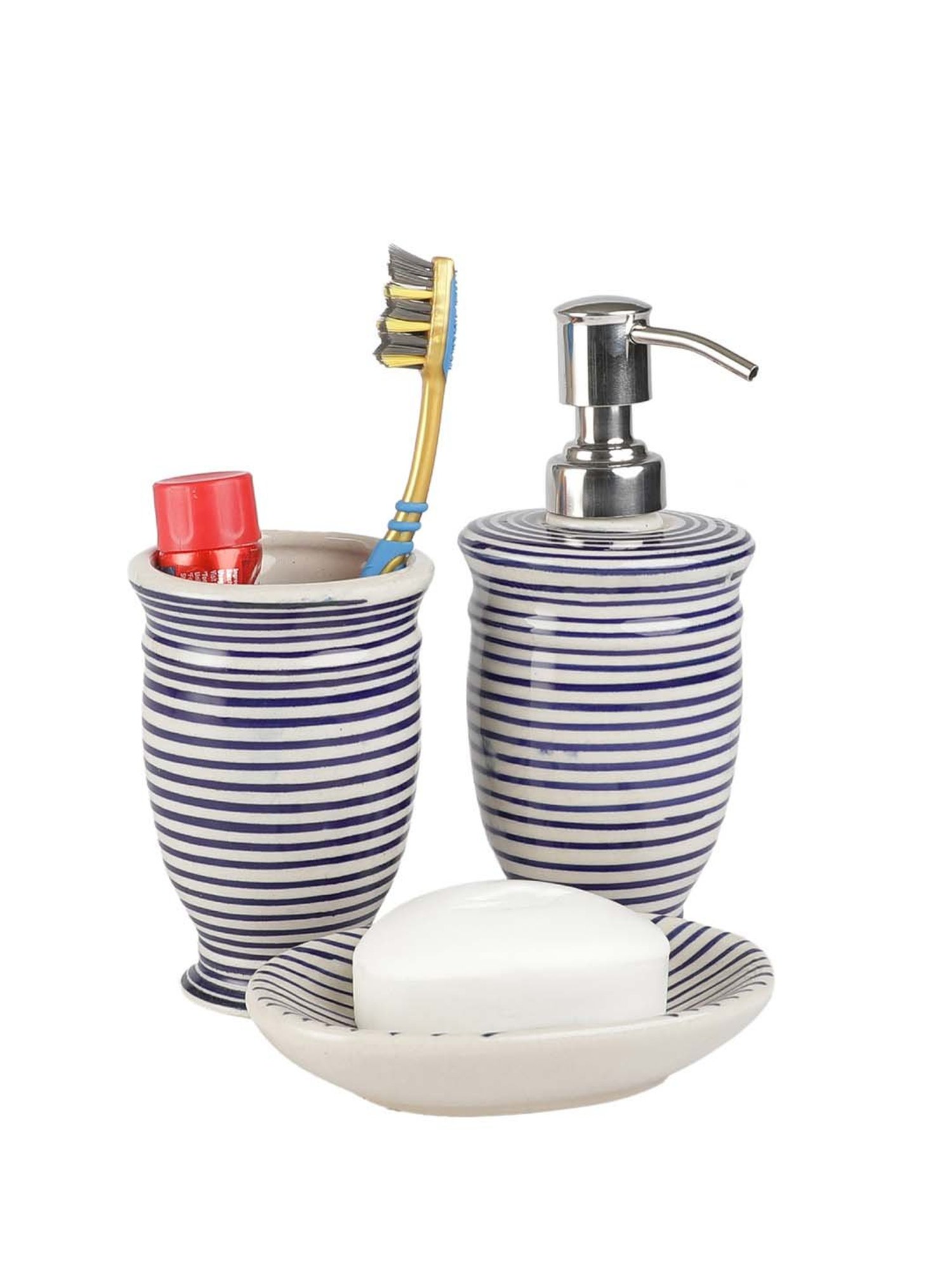 VarEesha Parikrama Blue & White Ceramic Bath Accessories - Set of 3